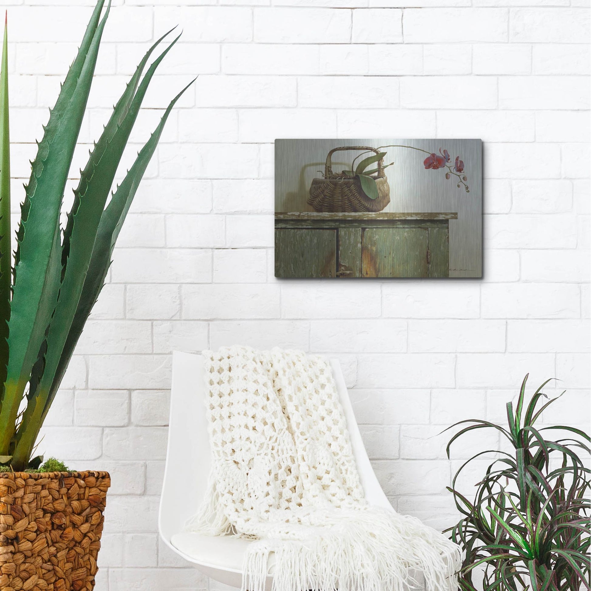 Luxe Metal Art 'Orchid Basket' by Zhen-Huan Lu, Metal Wall Art,16x12