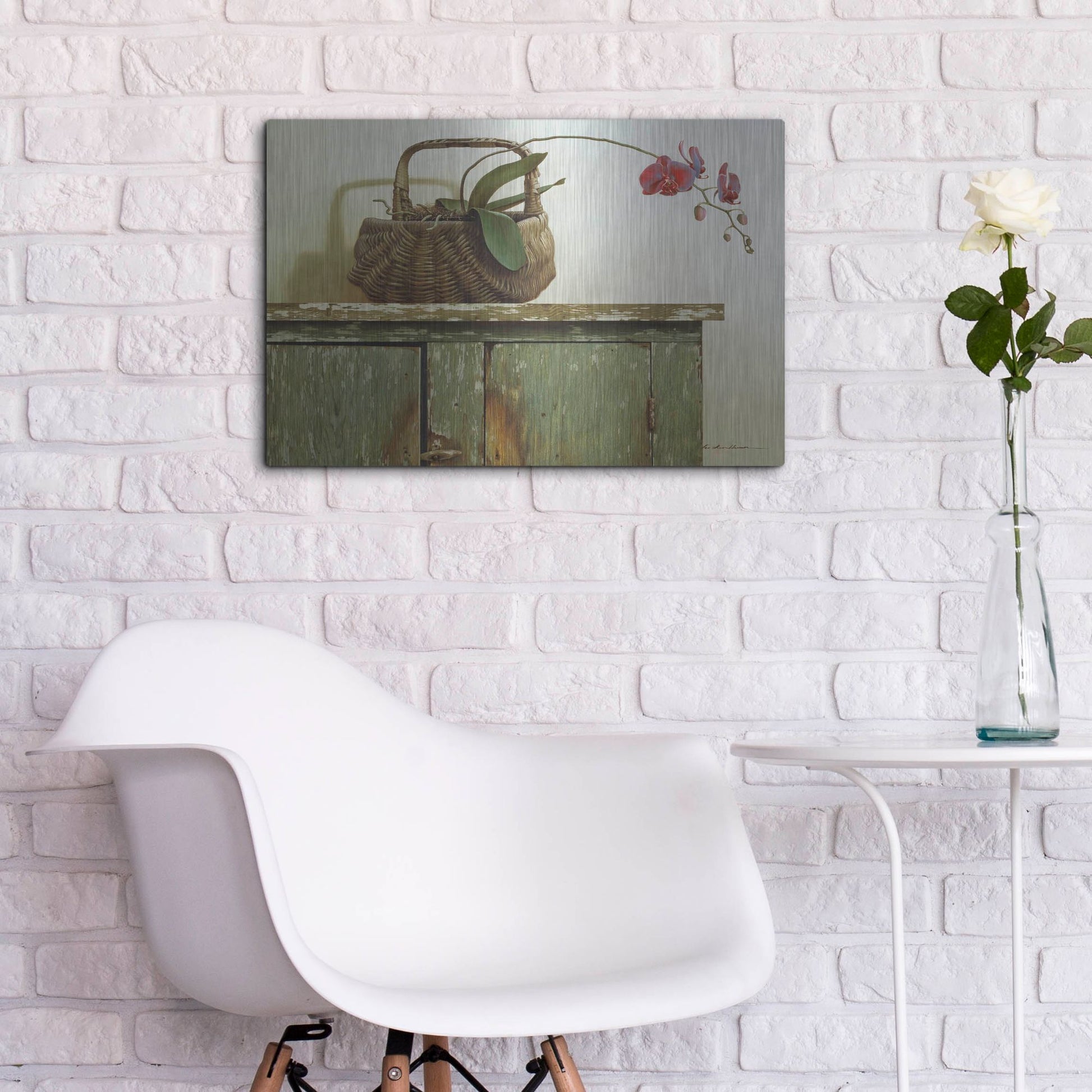 Luxe Metal Art 'Orchid Basket' by Zhen-Huan Lu, Metal Wall Art,24x16