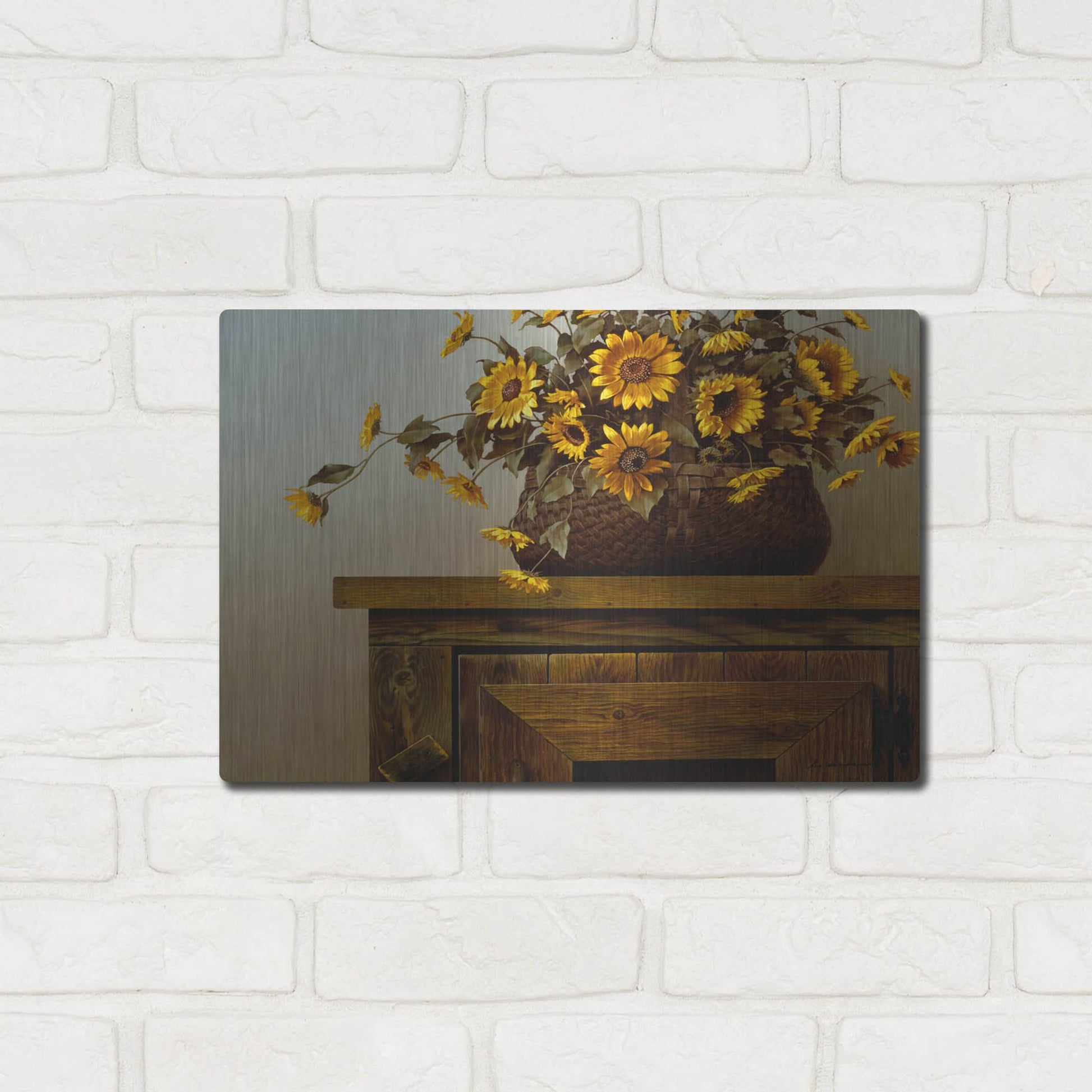 Luxe Metal Art 'Sunflower Basket' by Zhen-Huan Lu, Metal Wall Art,16x12