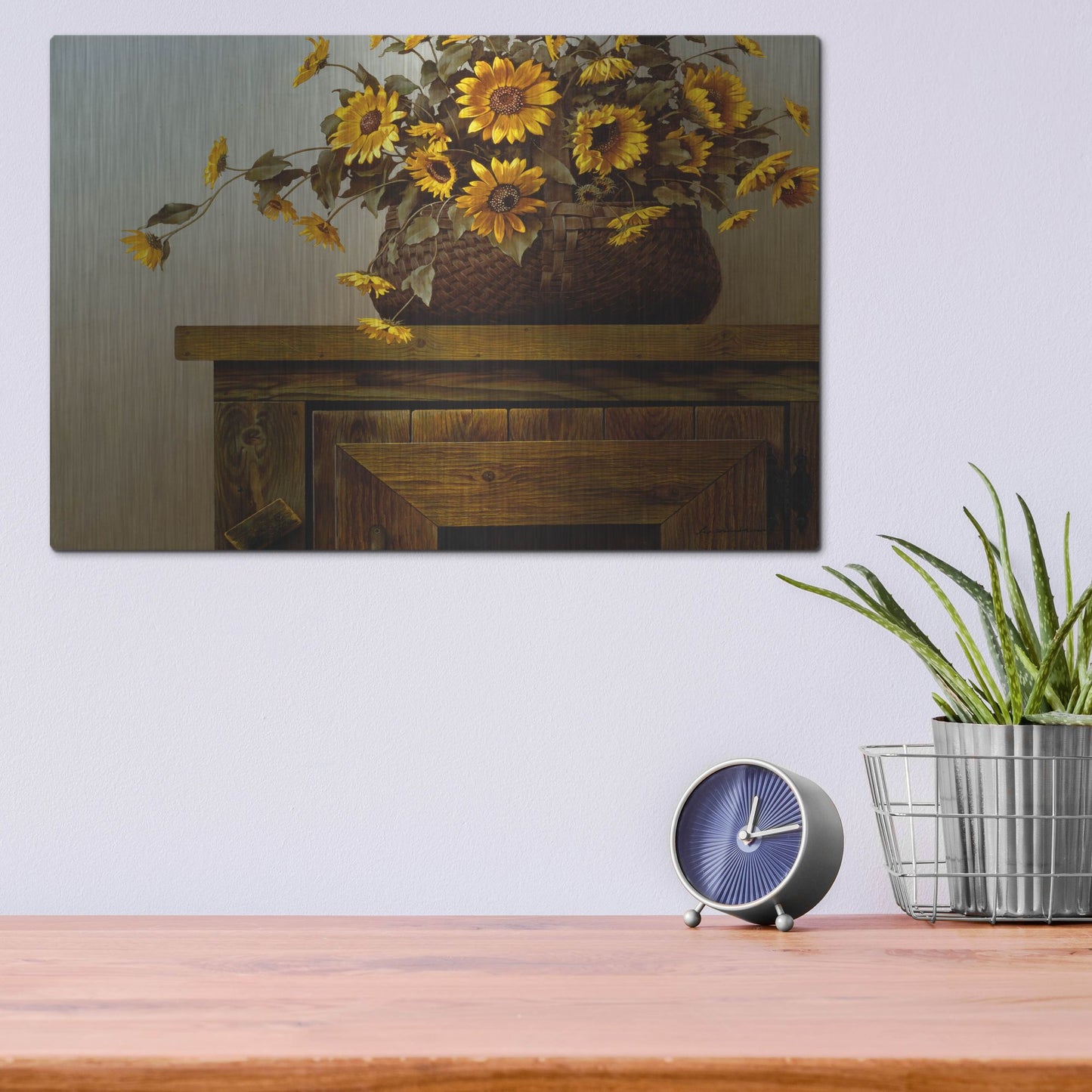 Luxe Metal Art 'Sunflower Basket' by Zhen-Huan Lu, Metal Wall Art,16x12