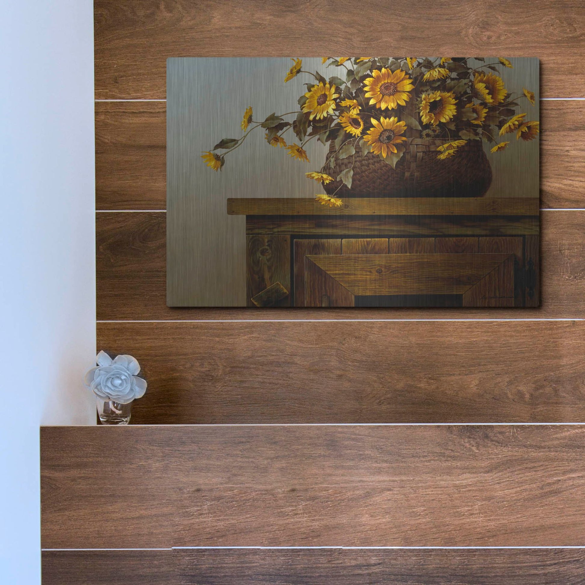 Luxe Metal Art 'Sunflower Basket' by Zhen-Huan Lu, Metal Wall Art,16x12