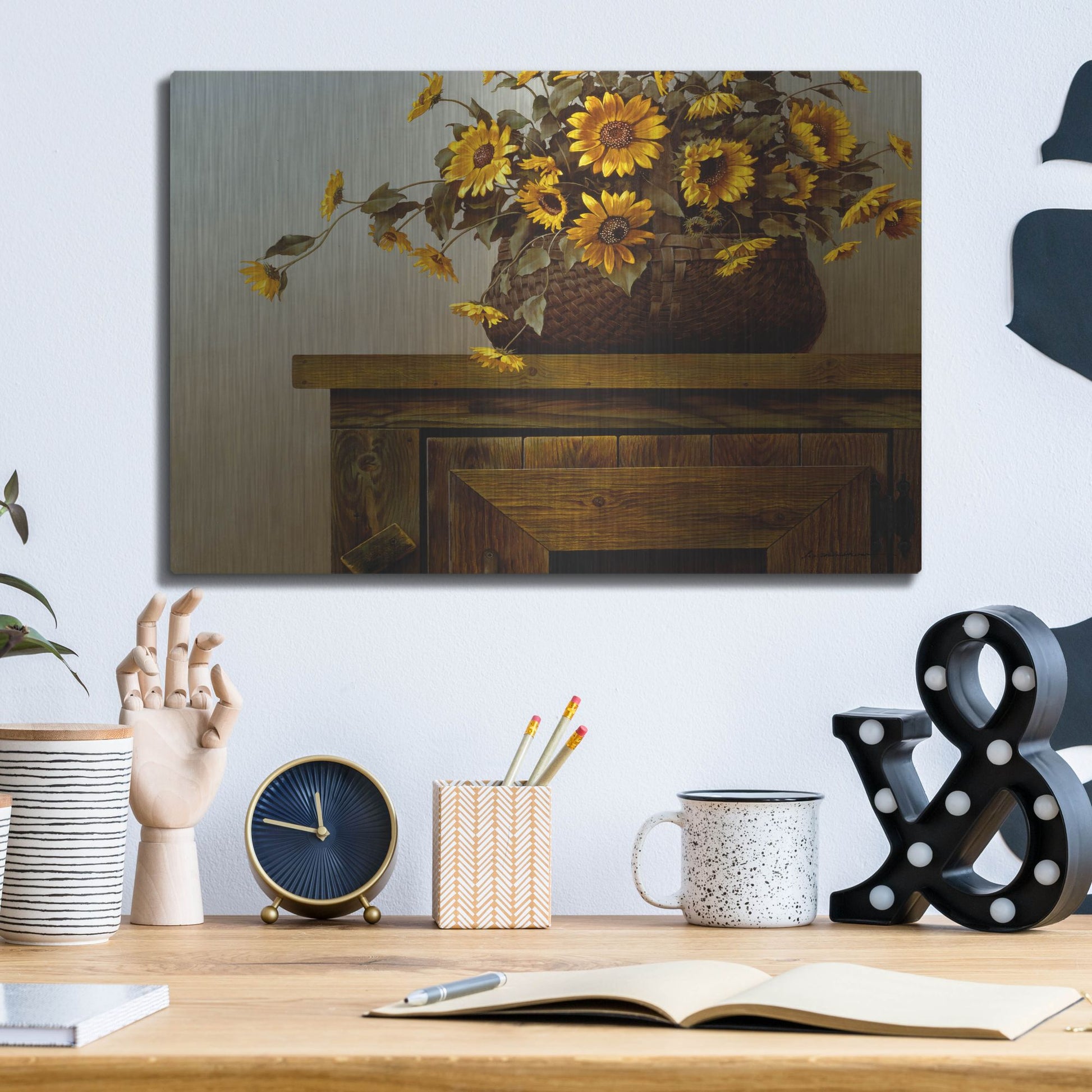 Luxe Metal Art 'Sunflower Basket' by Zhen-Huan Lu, Metal Wall Art,16x12