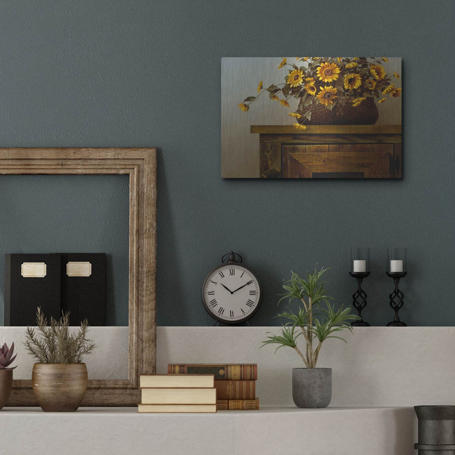 Luxe Metal Art 'Sunflower Basket' by Zhen-Huan Lu, Metal Wall Art,16x12