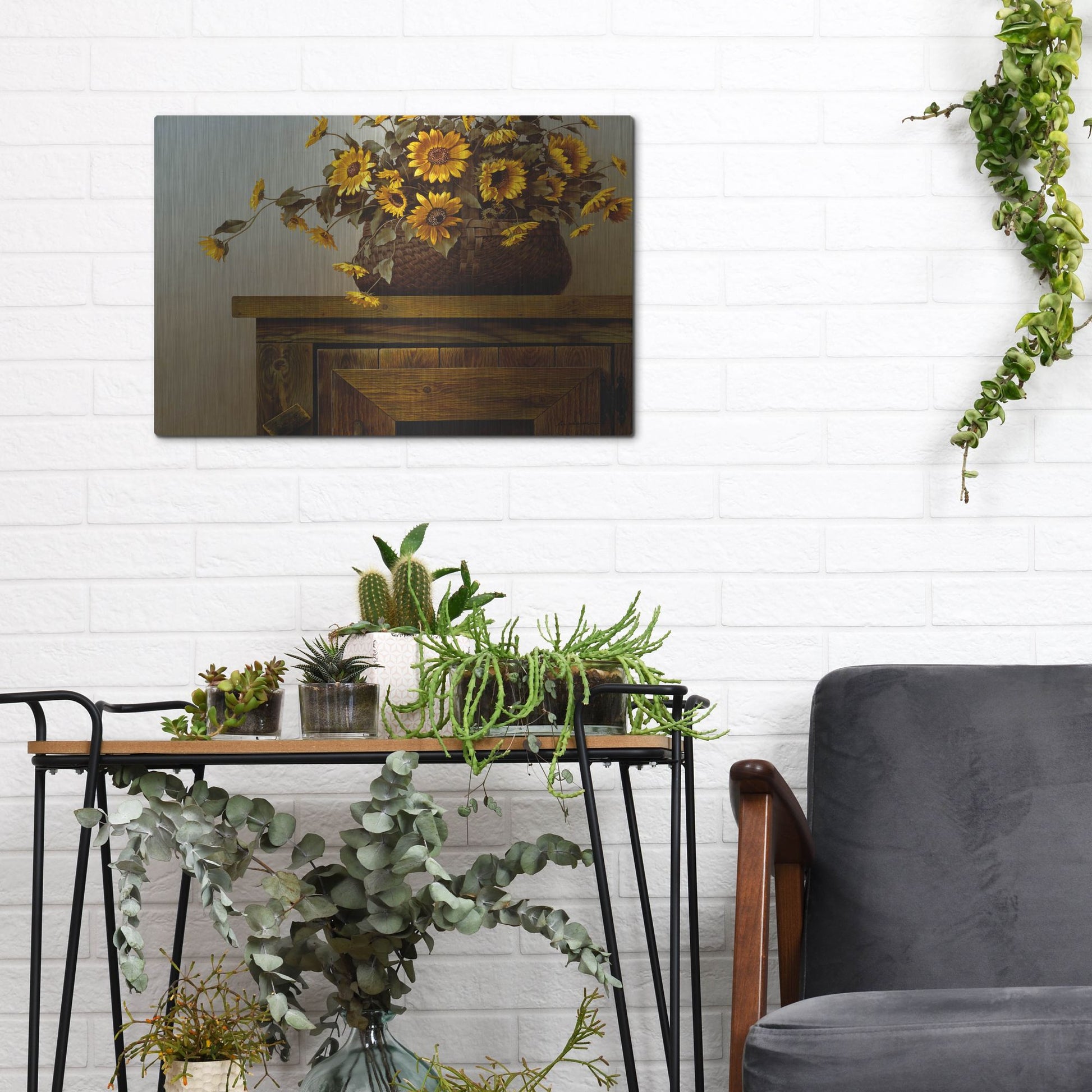 Luxe Metal Art 'Sunflower Basket' by Zhen-Huan Lu, Metal Wall Art,16x12