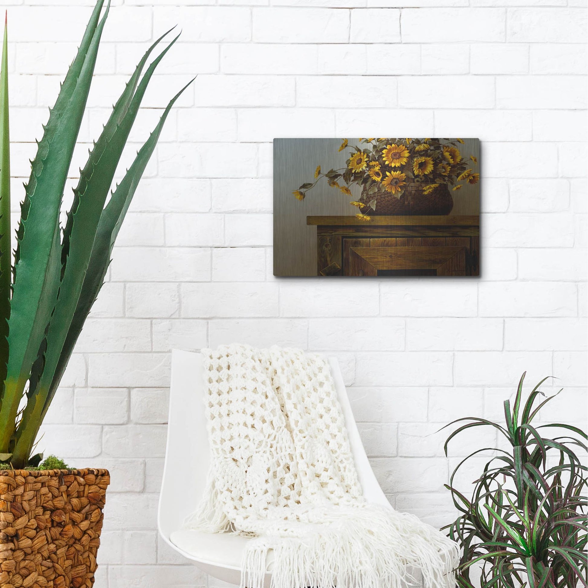 Luxe Metal Art 'Sunflower Basket' by Zhen-Huan Lu, Metal Wall Art,16x12