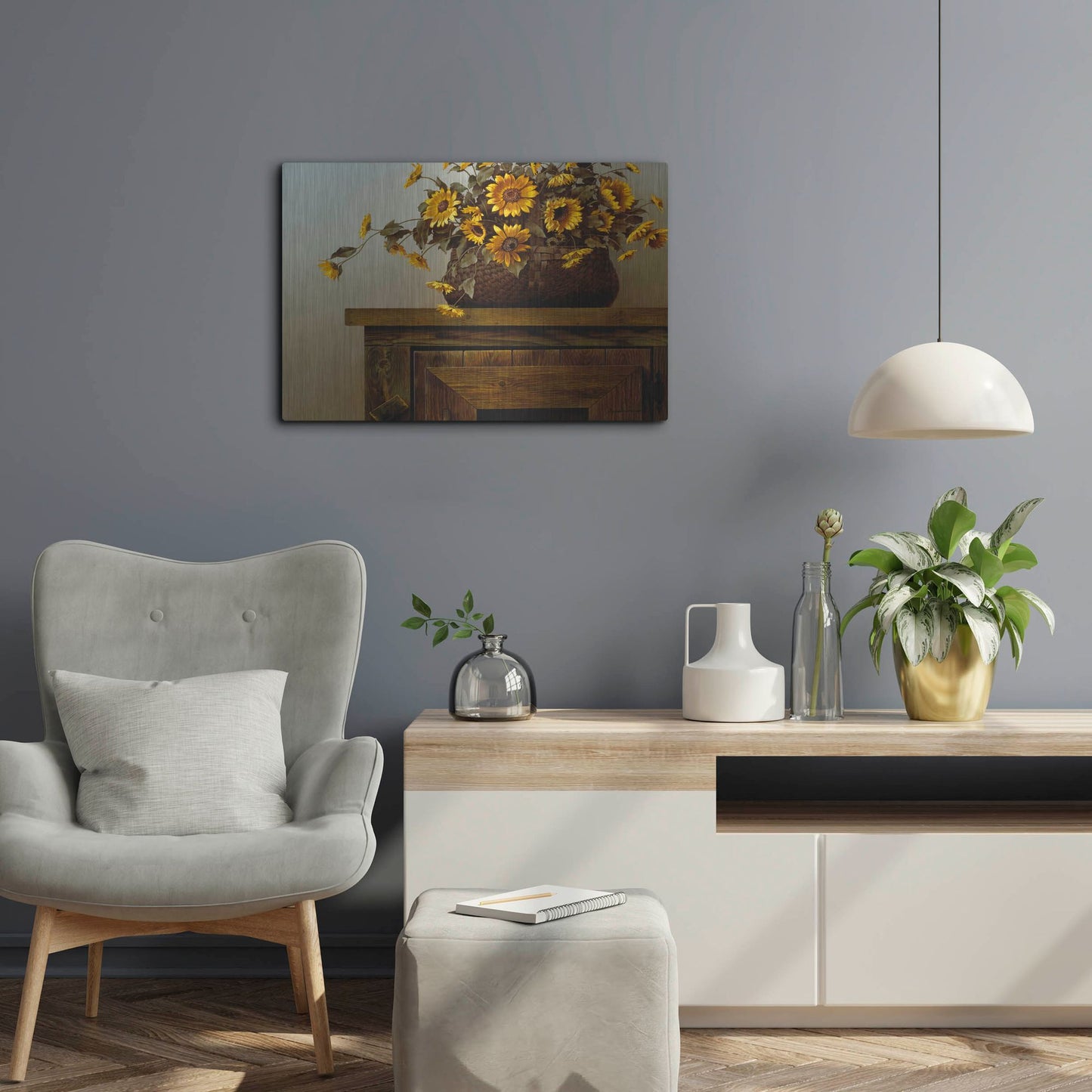 Luxe Metal Art 'Sunflower Basket' by Zhen-Huan Lu, Metal Wall Art,24x16