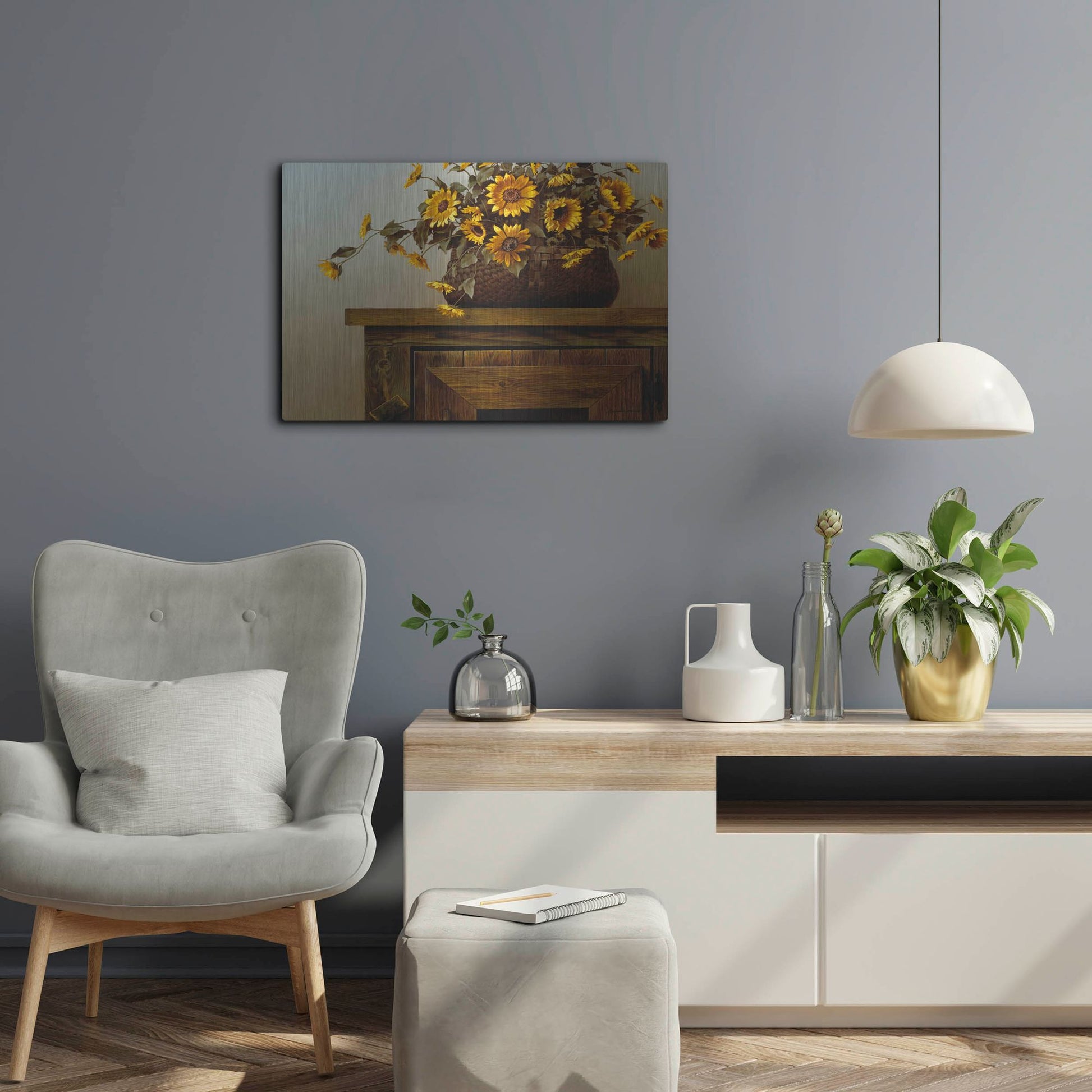 Luxe Metal Art 'Sunflower Basket' by Zhen-Huan Lu, Metal Wall Art,24x16