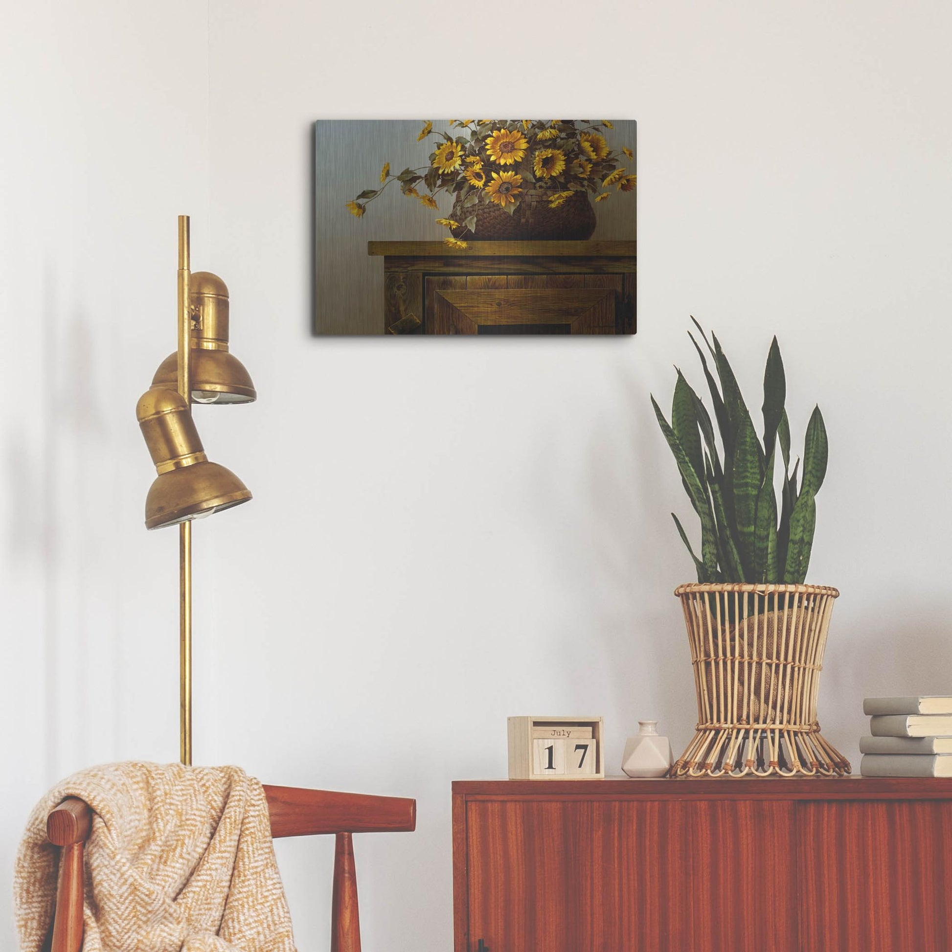 Luxe Metal Art 'Sunflower Basket' by Zhen-Huan Lu, Metal Wall Art,24x16