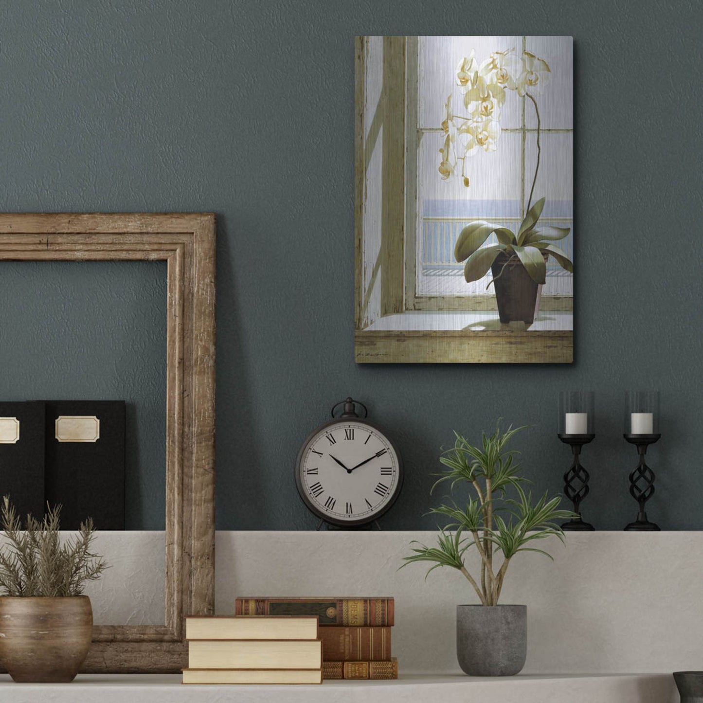 Luxe Metal Art 'Flower In Window' by Zhen-Huan Lu, Metal Wall Art,12x16