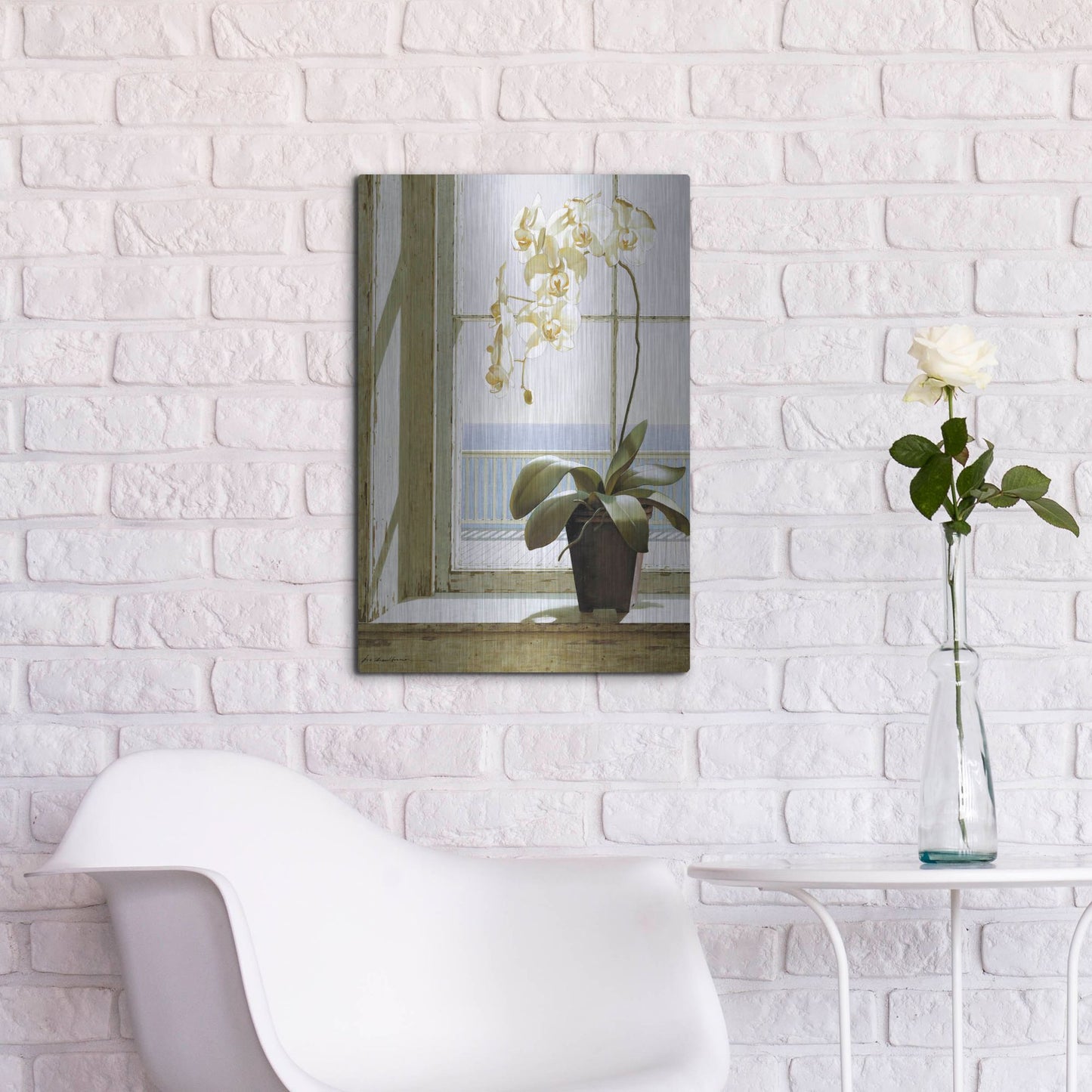 Luxe Metal Art 'Flower In Window' by Zhen-Huan Lu, Metal Wall Art,16x24