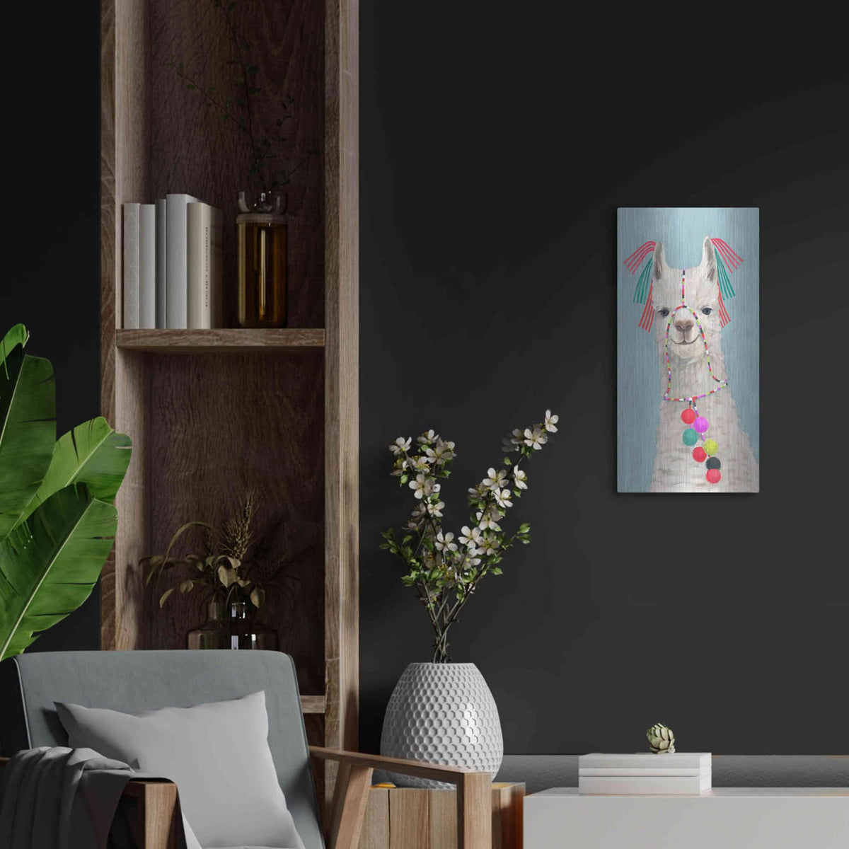 'Adorned Llama II' by Victoria Borges – Metal Wall Art, 12x24 room view