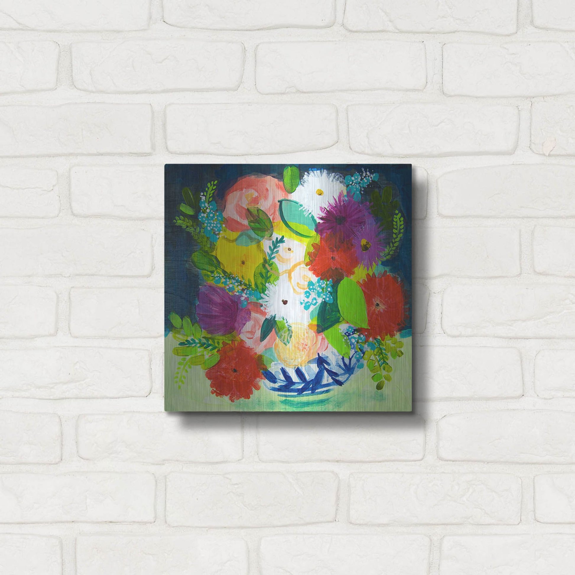 Luxe Metal Art 'Summer Bouquet With Blue And White Vase III' by Shelley Hampe, Metal Wall Art,12x12