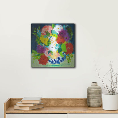 Luxe Metal Art 'Summer Bouquet With Blue And White Vase III' by Shelley Hampe, Metal Wall Art,12x12