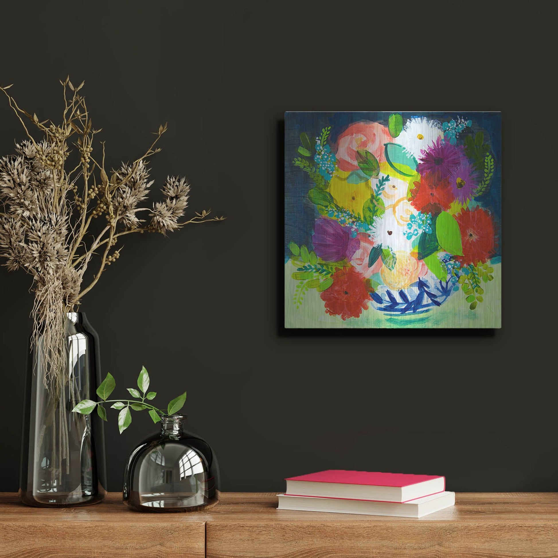 Luxe Metal Art 'Summer Bouquet With Blue And White Vase III' by Shelley Hampe, Metal Wall Art,12x12