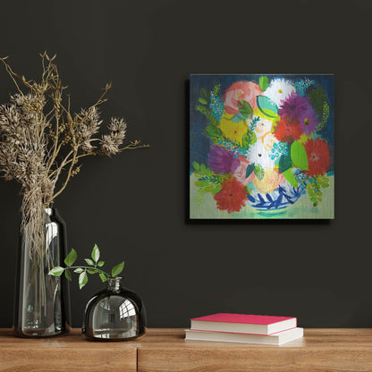 Luxe Metal Art 'Summer Bouquet With Blue And White Vase III' by Shelley Hampe, Metal Wall Art,12x12