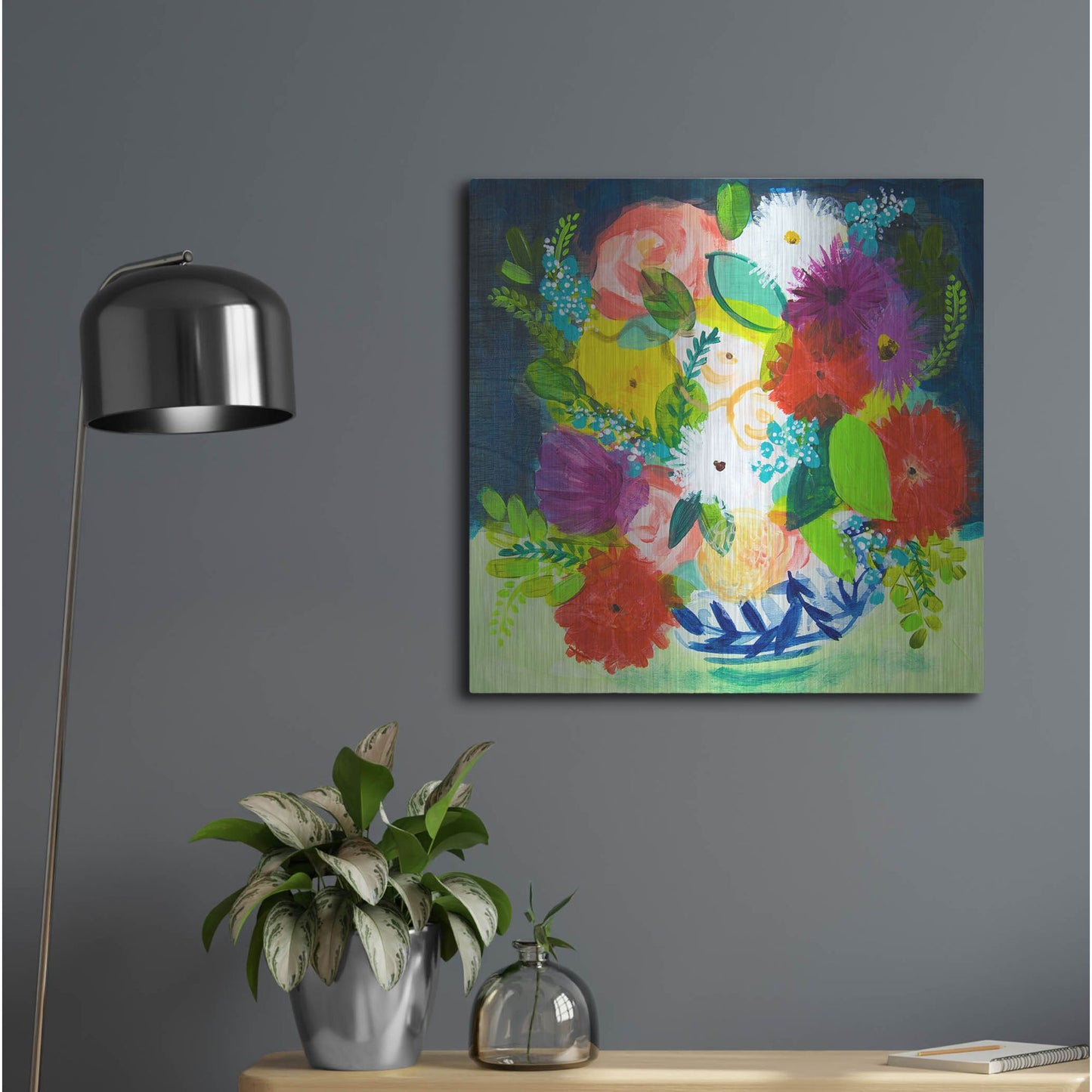 Luxe Metal Art 'Summer Bouquet With Blue And White Vase III' by Shelley Hampe, Metal Wall Art,24x24