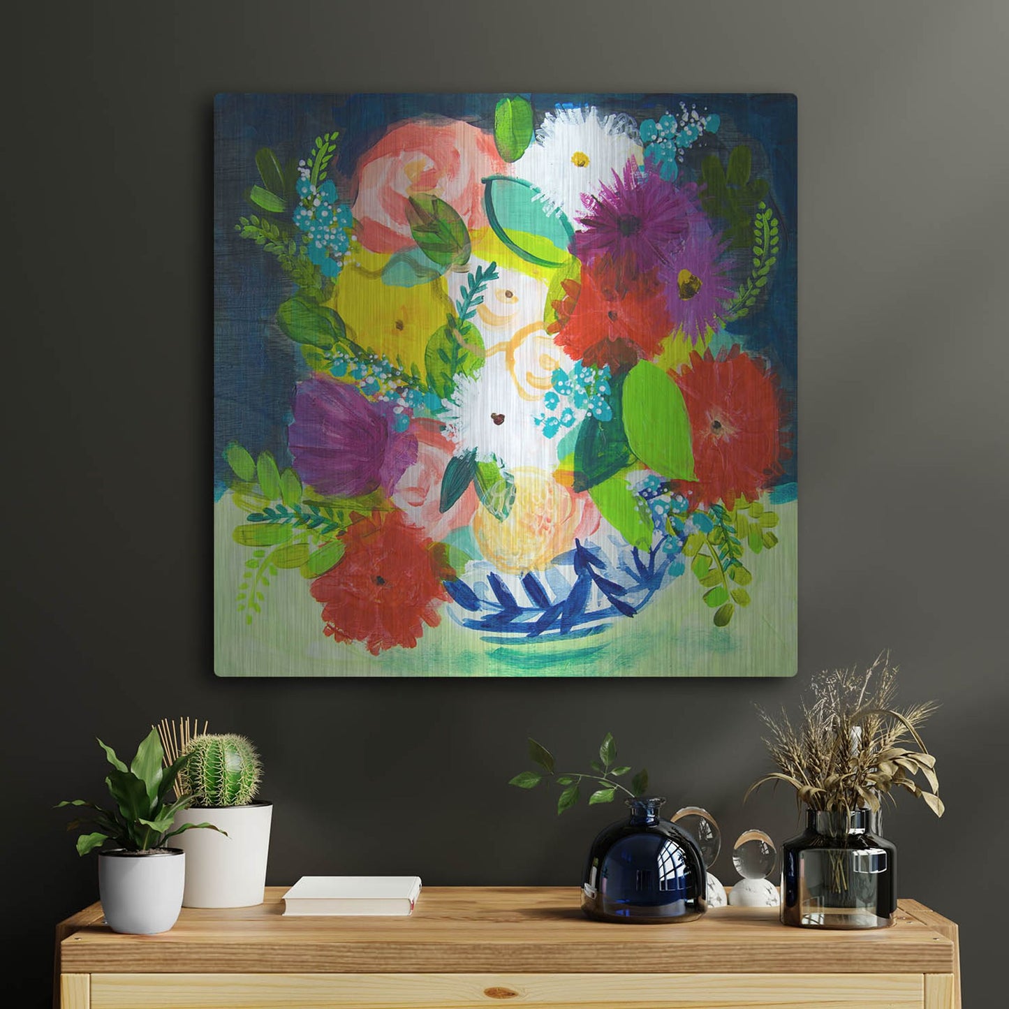 Luxe Metal Art 'Summer Bouquet With Blue And White Vase III' by Shelley Hampe, Metal Wall Art,24x24