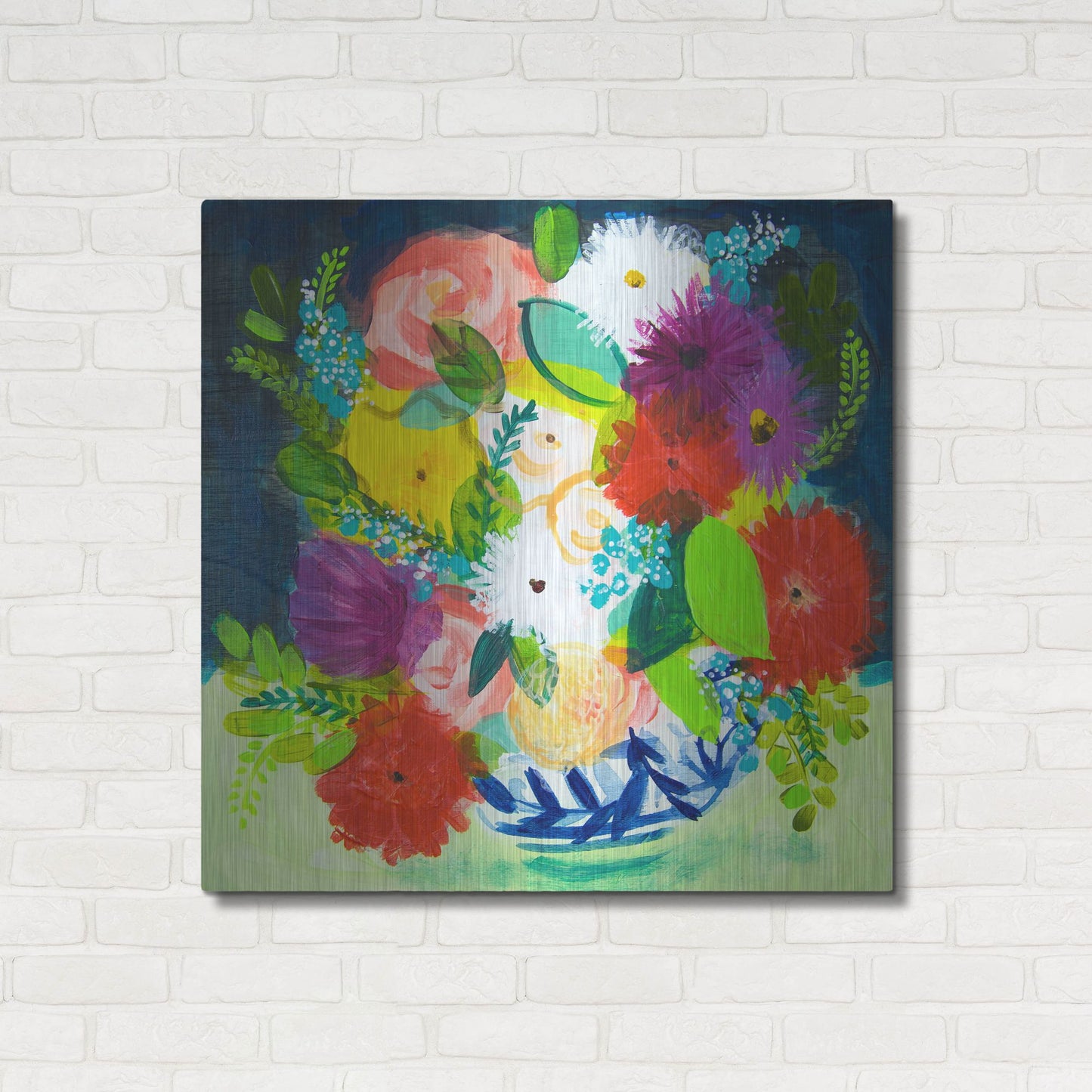 Luxe Metal Art 'Summer Bouquet With Blue And White Vase III' by Shelley Hampe, Metal Wall Art,36x36