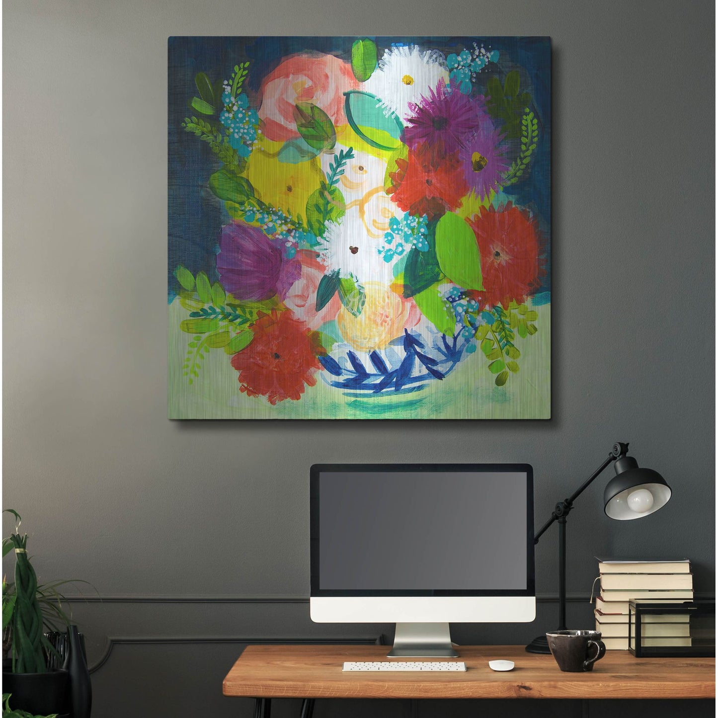 Luxe Metal Art 'Summer Bouquet With Blue And White Vase III' by Shelley Hampe, Metal Wall Art,36x36