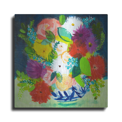 Luxe Metal Art 'Summer Bouquet With Blue And White Vase III' by Shelley Hampe, Metal Wall Art