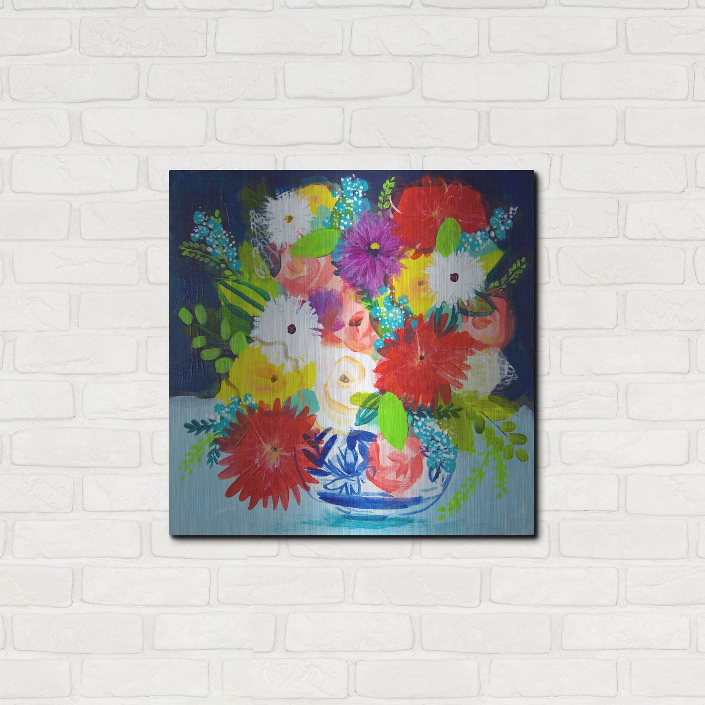 Luxe Metal Art 'Summer Bouquet With Blue And White Vase II' by Shelley Hampe, Metal Wall Art,24x24