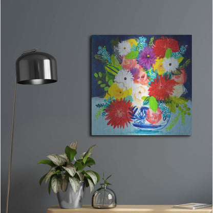 Luxe Metal Art 'Summer Bouquet With Blue And White Vase II' by Shelley Hampe, Metal Wall Art,24x24