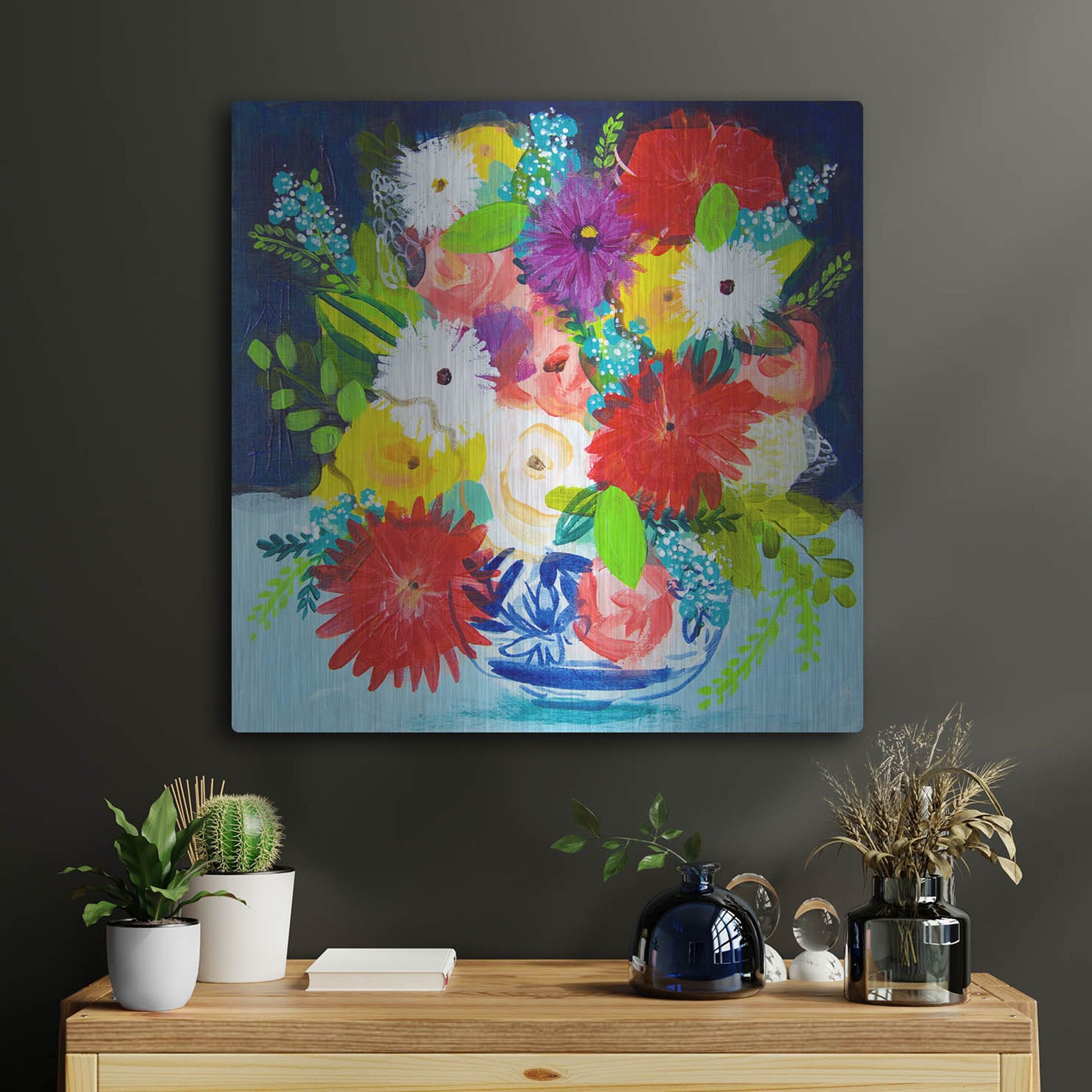 Luxe Metal Art 'Summer Bouquet With Blue And White Vase II' by Shelley Hampe, Metal Wall Art,24x24