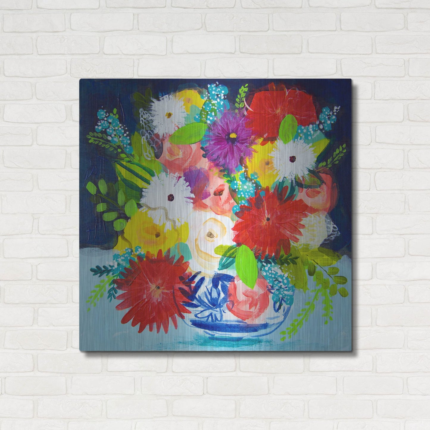 Luxe Metal Art 'Summer Bouquet With Blue And White Vase II' by Shelley Hampe, Metal Wall Art,36x36