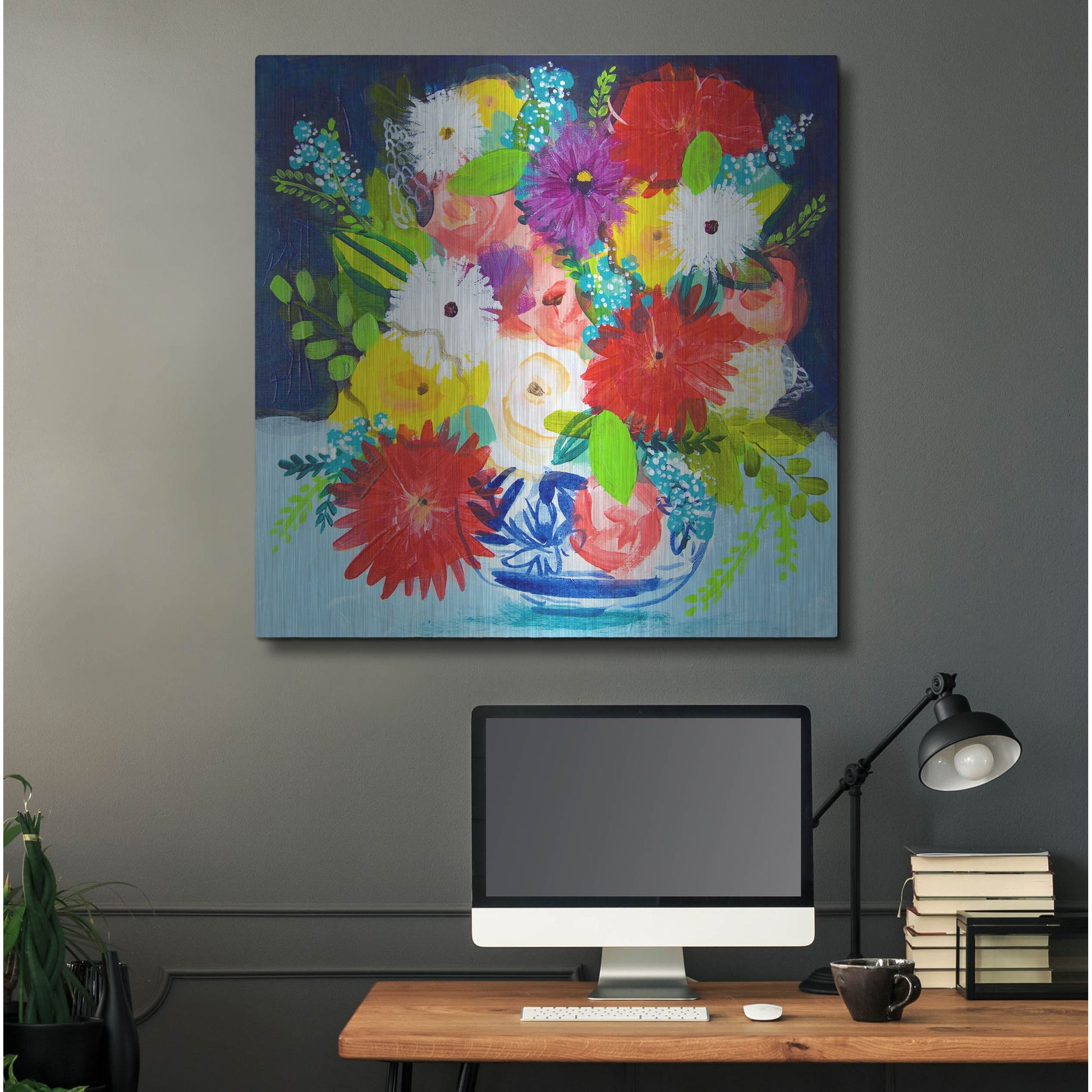 Luxe Metal Art 'Summer Bouquet With Blue And White Vase II' by Shelley Hampe, Metal Wall Art,36x36