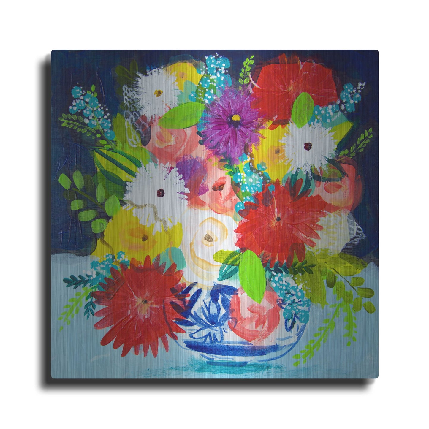 Luxe Metal Art 'Summer Bouquet With Blue And White Vase II' by Shelley Hampe, Metal Wall Art