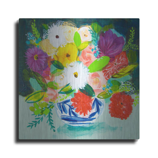 Luxe Metal Art 'Summer Bouquet With Blue And White Vase IV' by Shelley Hampe, Metal Wall Art