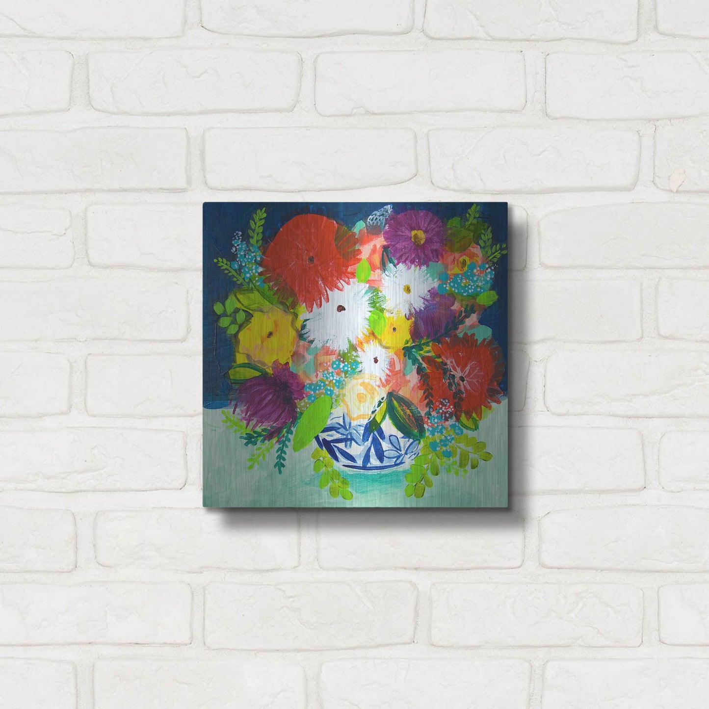 Luxe Metal Art 'Summer Bouquet With Blue And White Vase I' by Shelley Hampe, Metal Wall Art,12x12