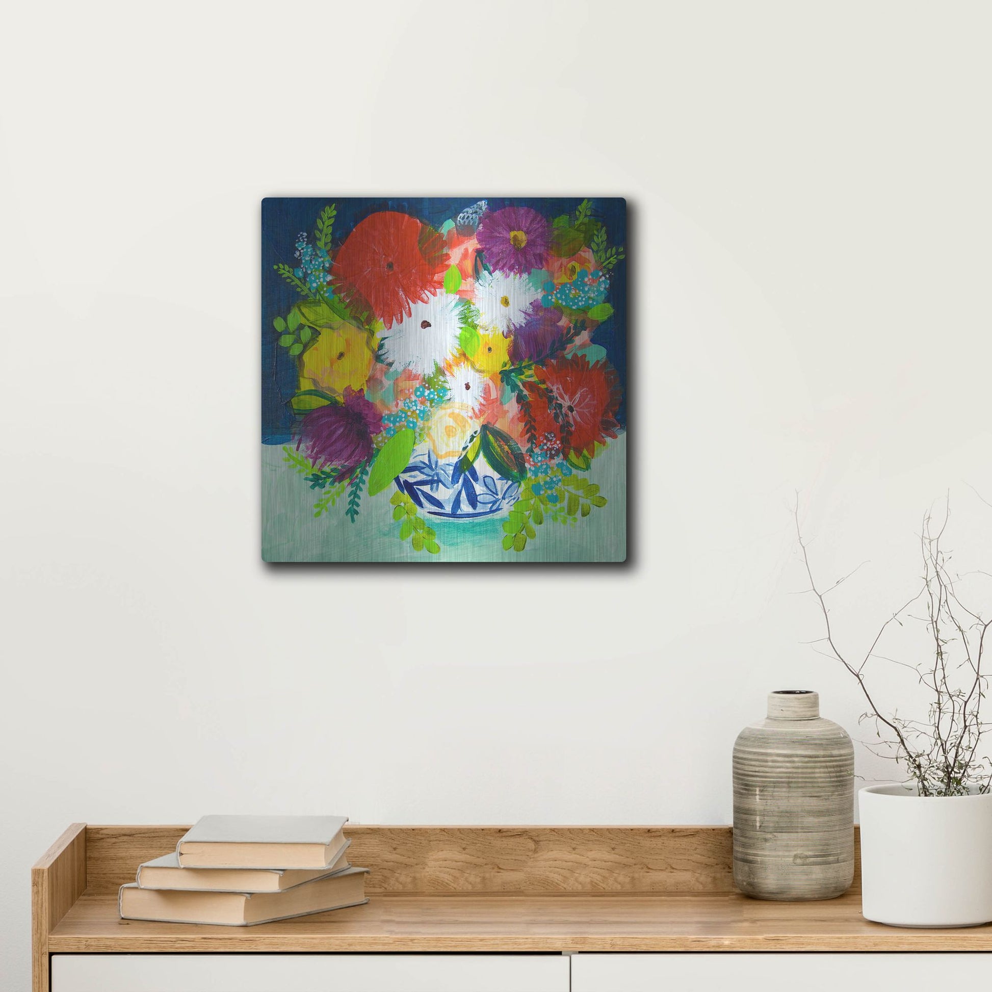 Luxe Metal Art 'Summer Bouquet With Blue And White Vase I' by Shelley Hampe, Metal Wall Art,12x12