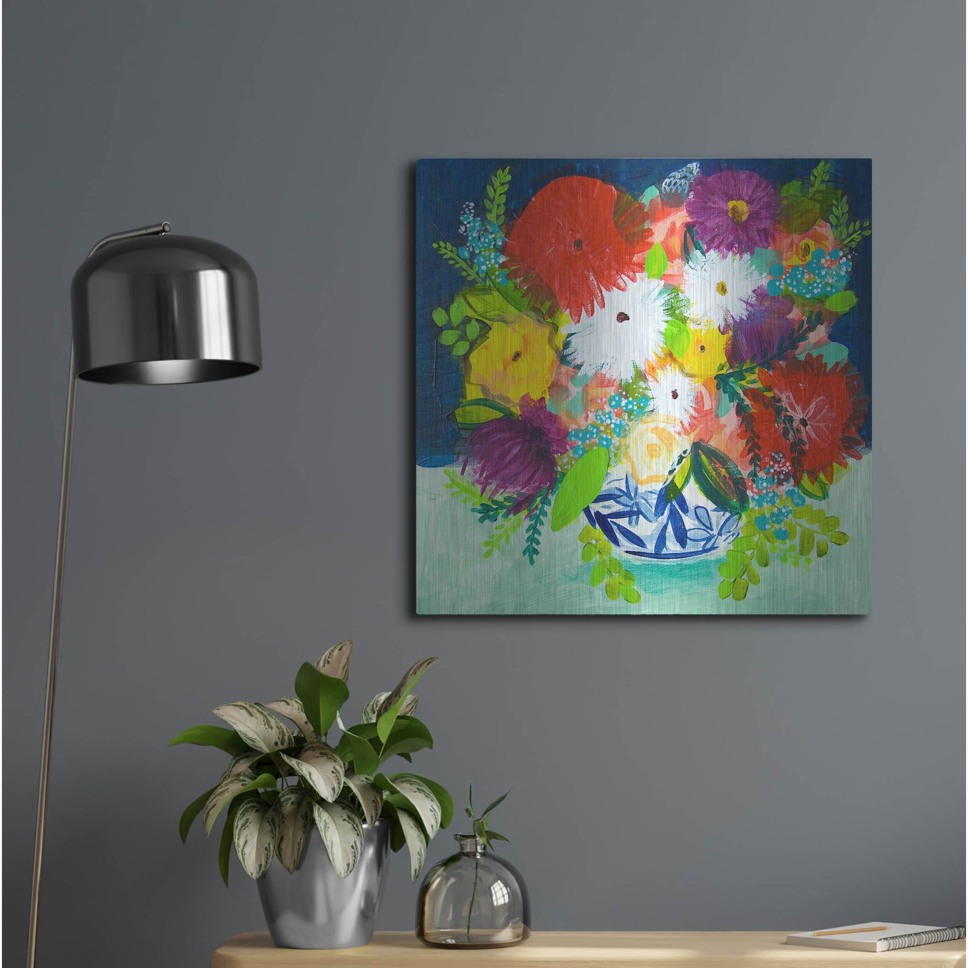 Luxe Metal Art 'Summer Bouquet With Blue And White Vase I' by Shelley Hampe, Metal Wall Art,24x24