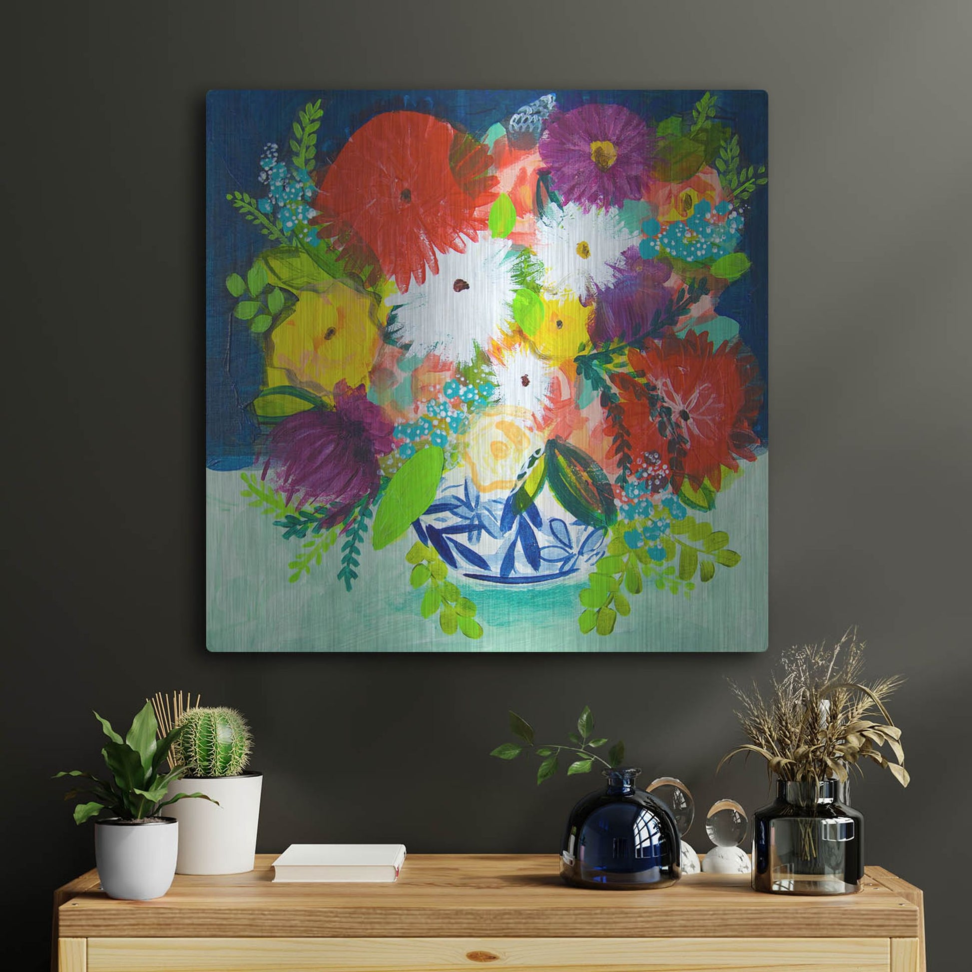 Luxe Metal Art 'Summer Bouquet With Blue And White Vase I' by Shelley Hampe, Metal Wall Art,24x24