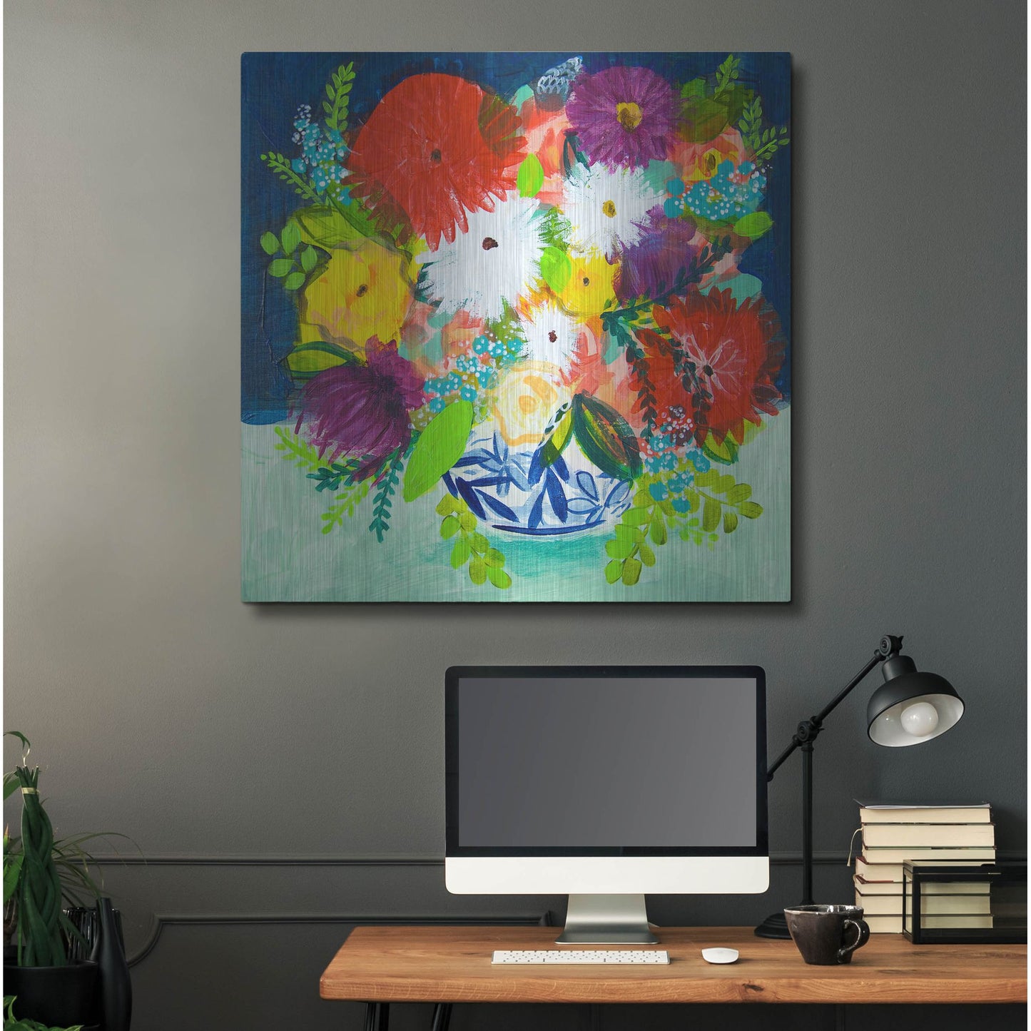 Luxe Metal Art 'Summer Bouquet With Blue And White Vase I' by Shelley Hampe, Metal Wall Art,36x36