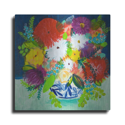 Luxe Metal Art 'Summer Bouquet With Blue And White Vase I' by Shelley Hampe, Metal Wall Art