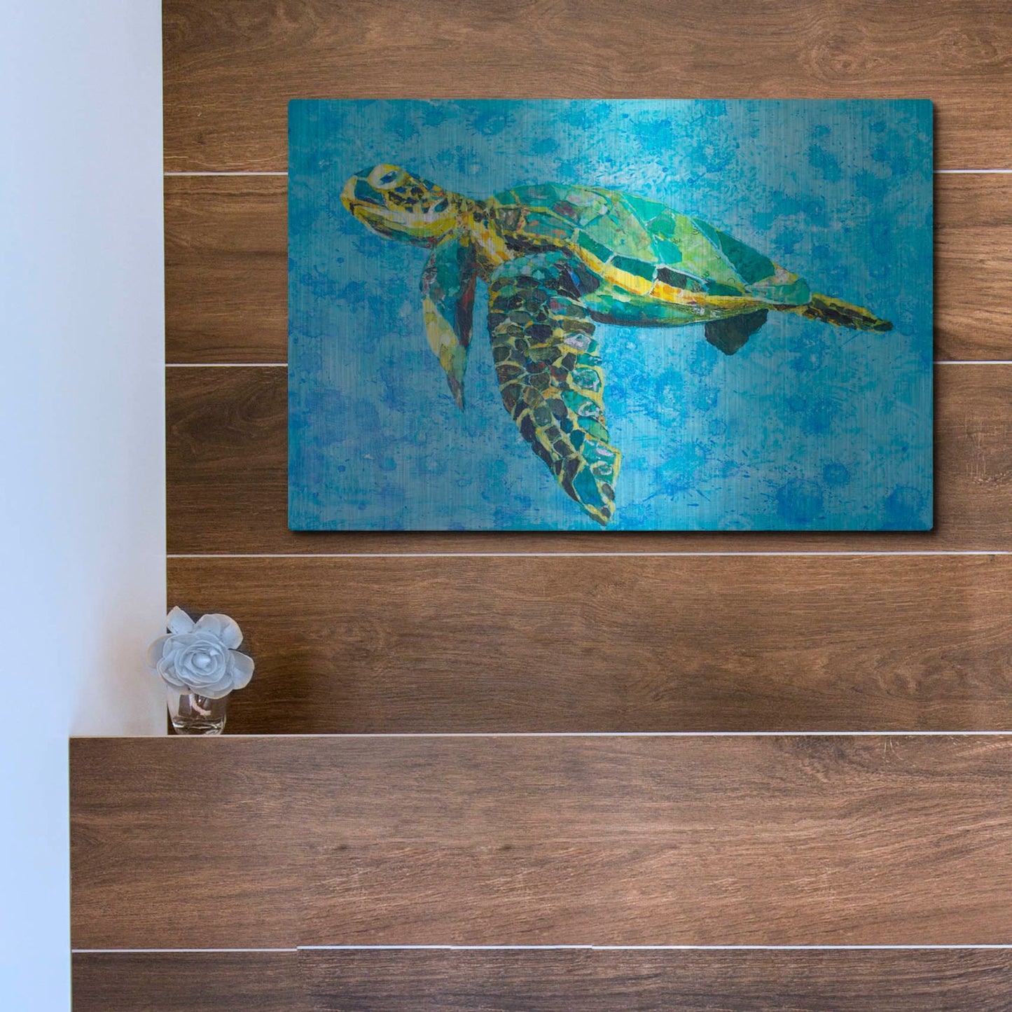 Luxe Metal Art 'Floating Sea Turtle' by St. Hilaire Elizabeth, Metal Wall Art,16x12