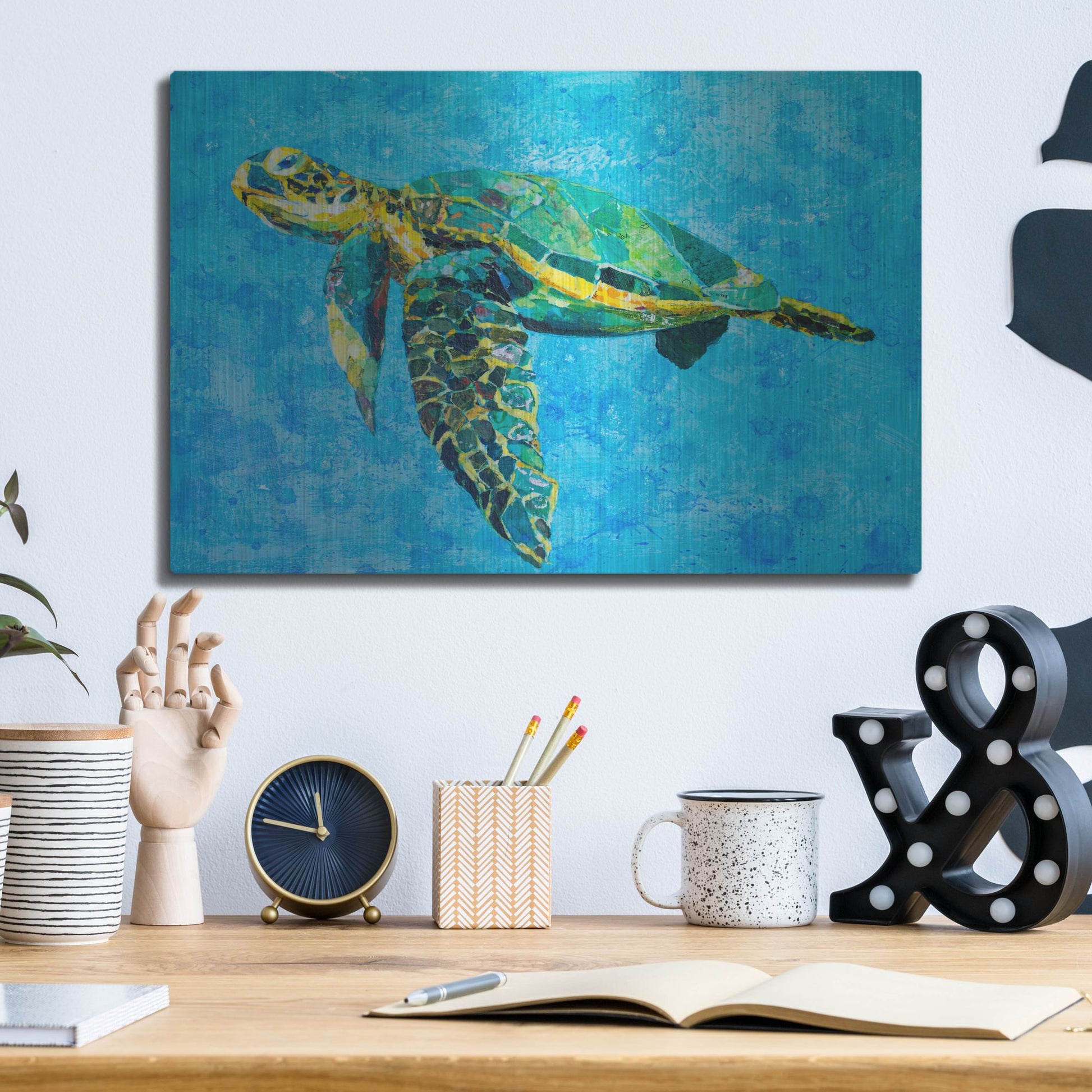 Luxe Metal Art 'Floating Sea Turtle' by St. Hilaire Elizabeth, Metal Wall Art,16x12