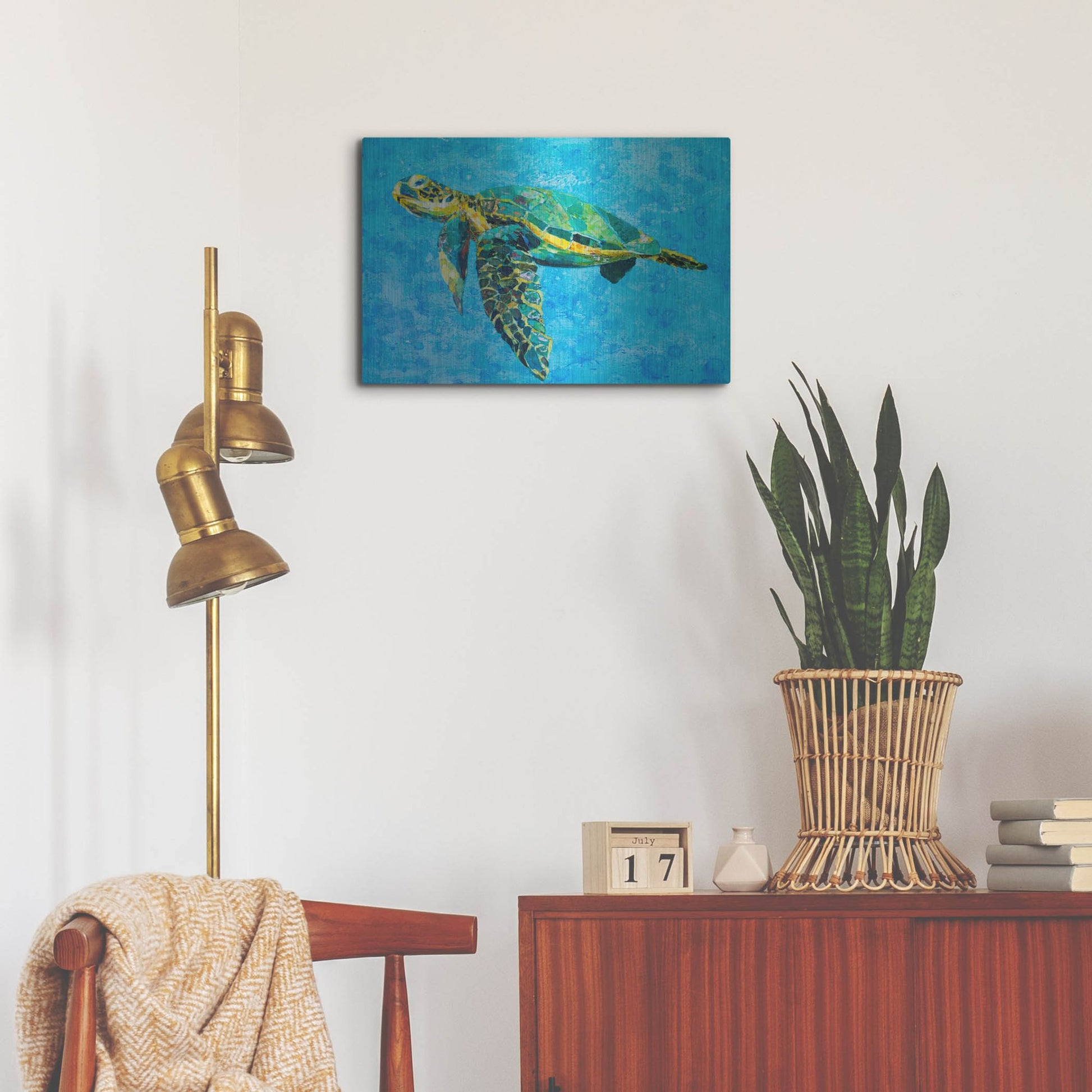 Luxe Metal Art 'Floating Sea Turtle' by St. Hilaire Elizabeth, Metal Wall Art,24x16