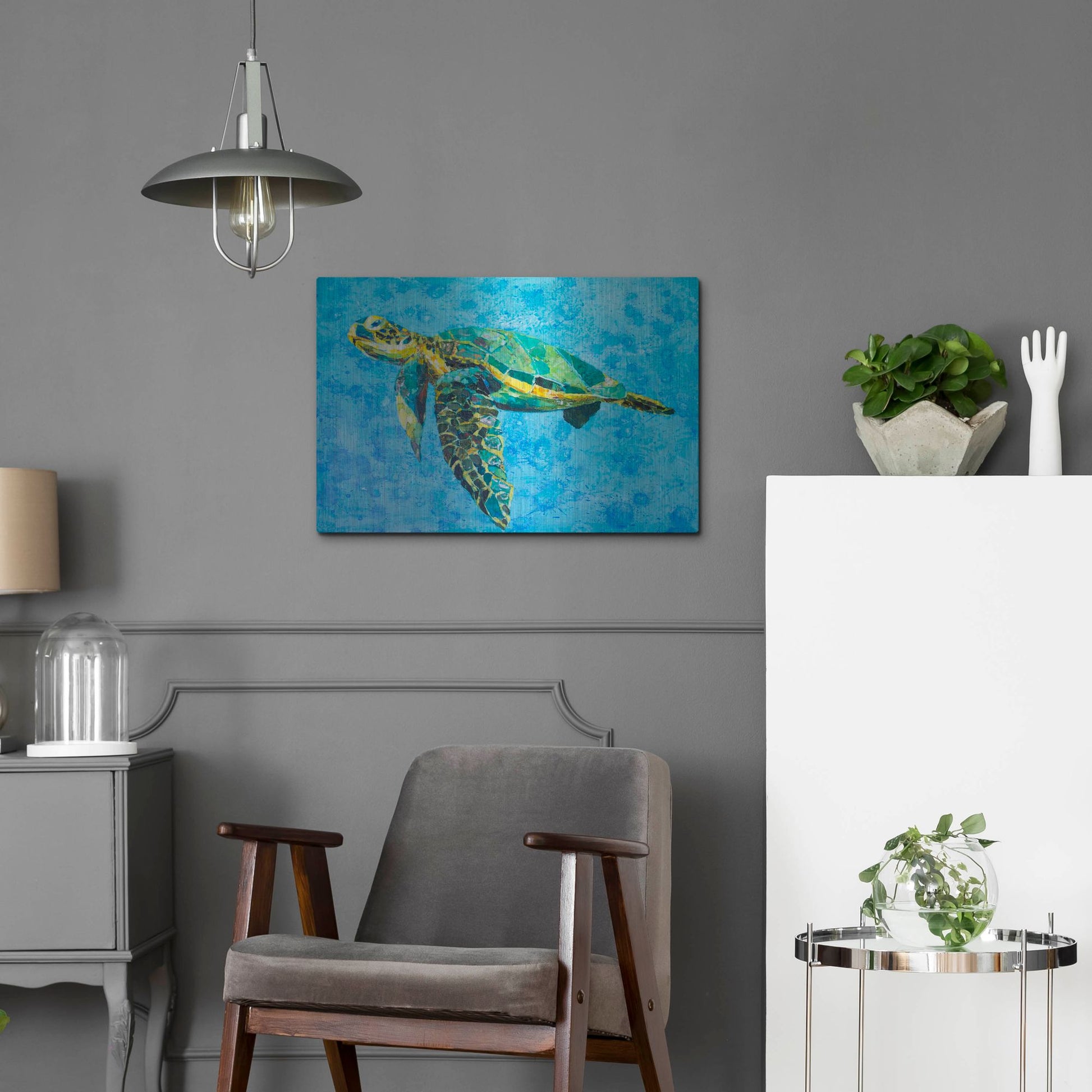 Luxe Metal Art 'Floating Sea Turtle' by St. Hilaire Elizabeth, Metal Wall Art,24x16