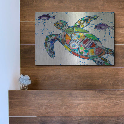 Luxe Metal Art 'Silver Sea Turtle' by St. Hilaire Elizabeth, Metal Wall Art,16x12