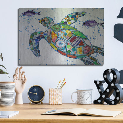 Luxe Metal Art 'Silver Sea Turtle' by St. Hilaire Elizabeth, Metal Wall Art,16x12