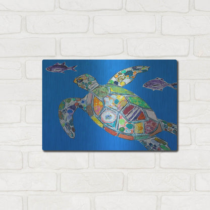 Luxe Metal Art 'Blue Sea Turtle' by St. Hilaire Elizabeth, Metal Wall Art,16x12