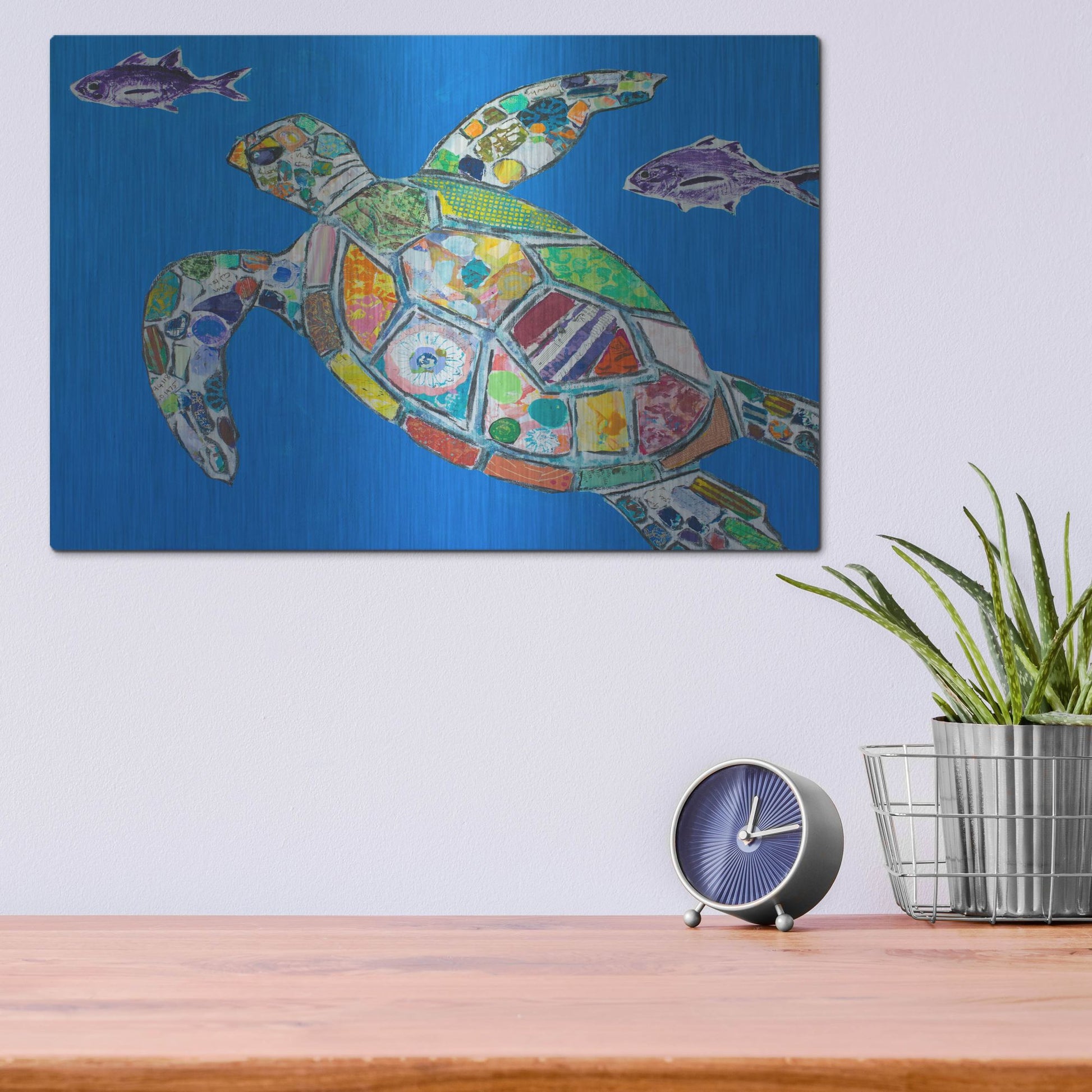 Luxe Metal Art 'Blue Sea Turtle' by St. Hilaire Elizabeth, Metal Wall Art,16x12