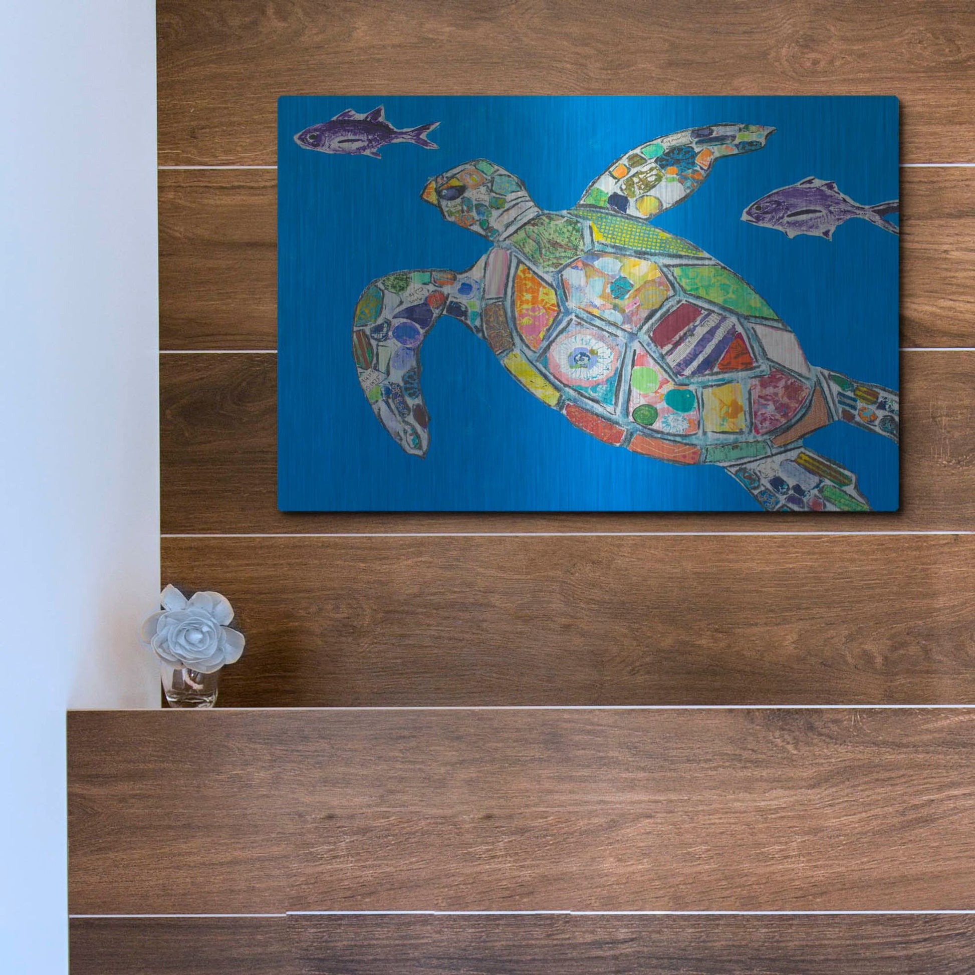 Luxe Metal Art 'Blue Sea Turtle' by St. Hilaire Elizabeth, Metal Wall Art,16x12