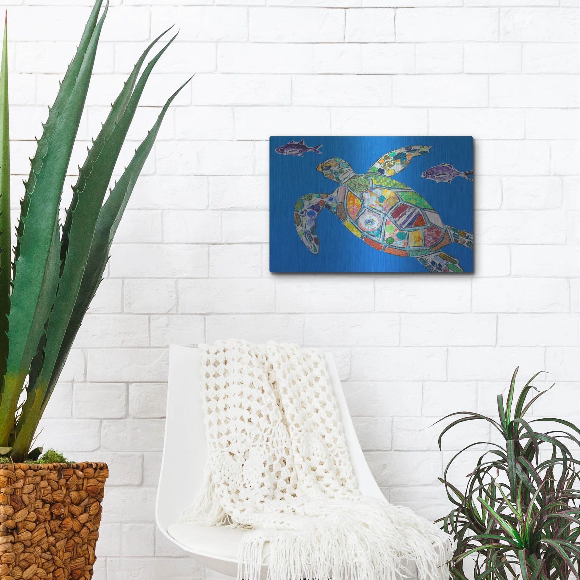 Luxe Metal Art 'Blue Sea Turtle' by St. Hilaire Elizabeth, Metal Wall Art,16x12