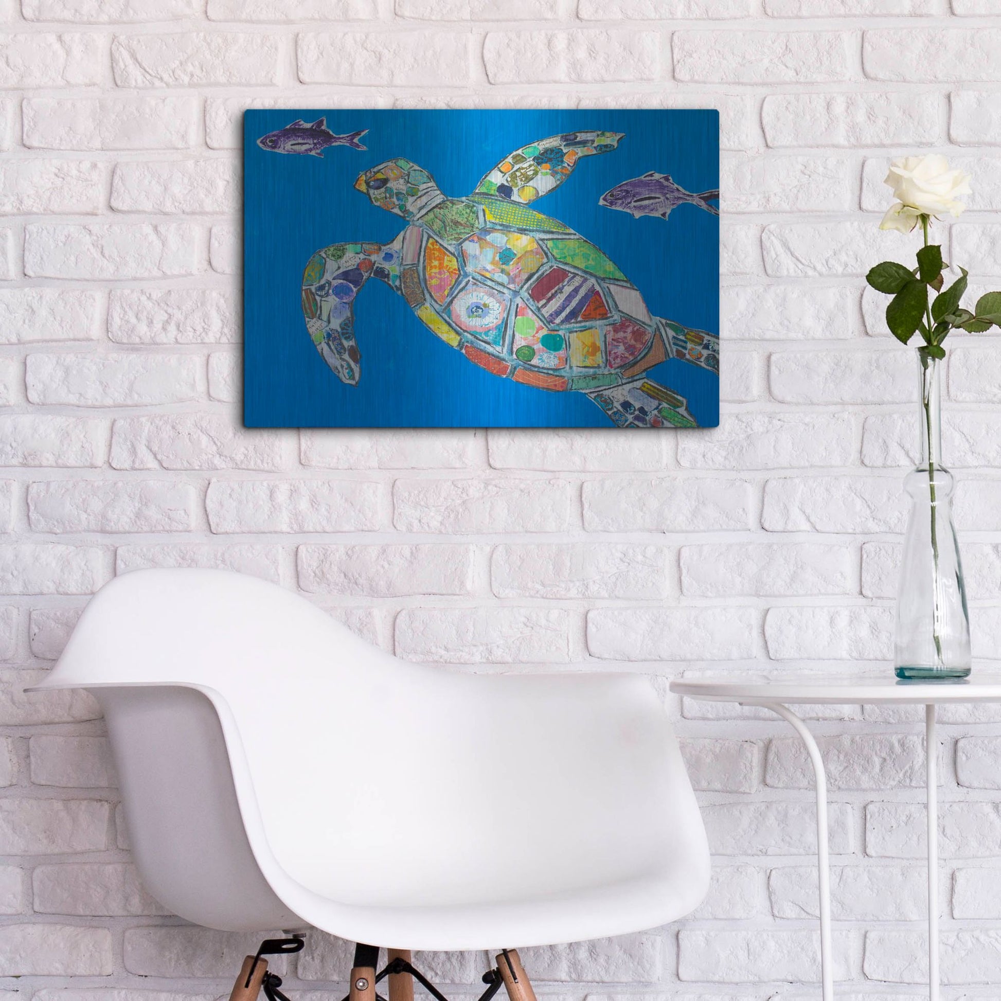 Luxe Metal Art 'Blue Sea Turtle' by St. Hilaire Elizabeth, Metal Wall Art,24x16