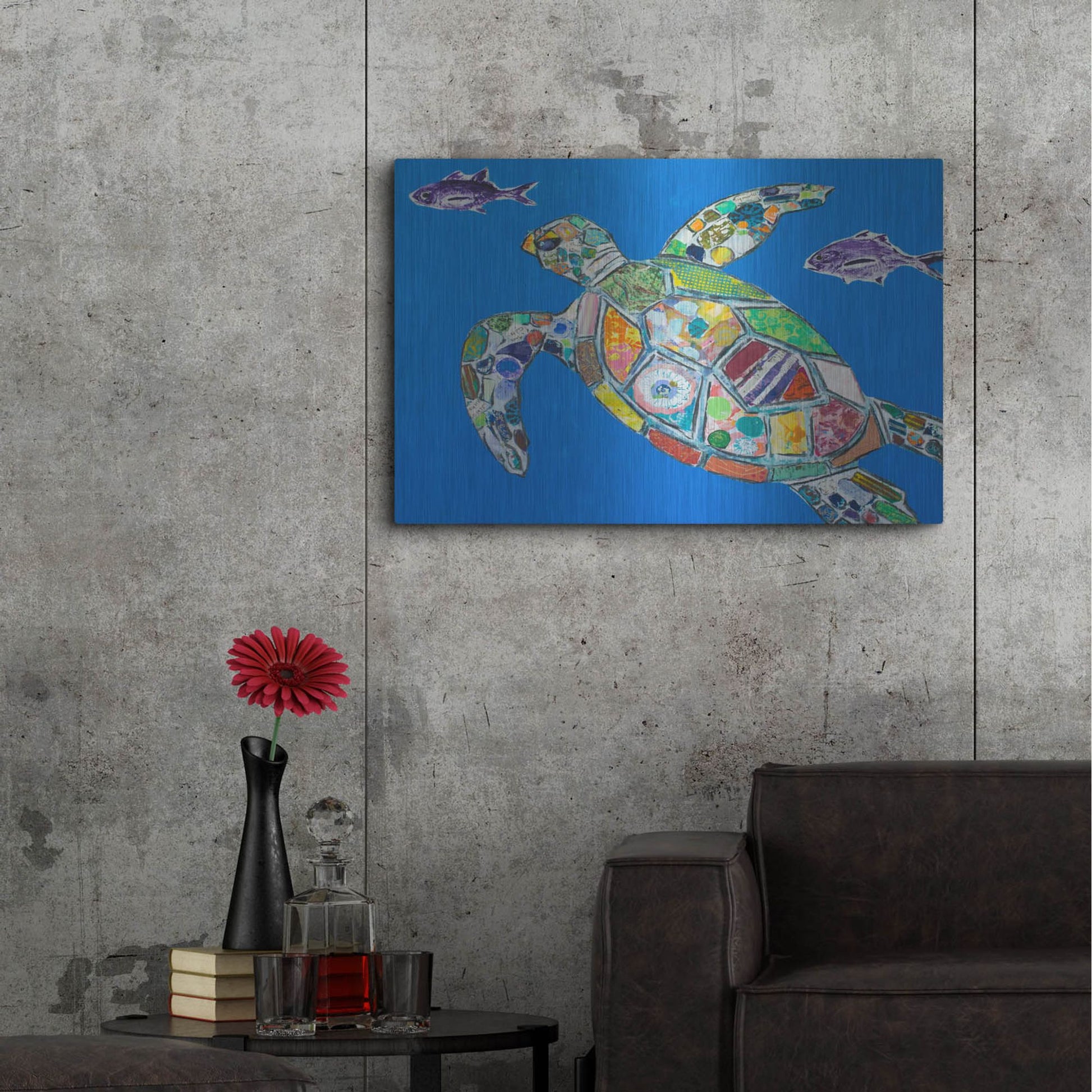 Luxe Metal Art 'Blue Sea Turtle' by St. Hilaire Elizabeth, Metal Wall Art,36x24