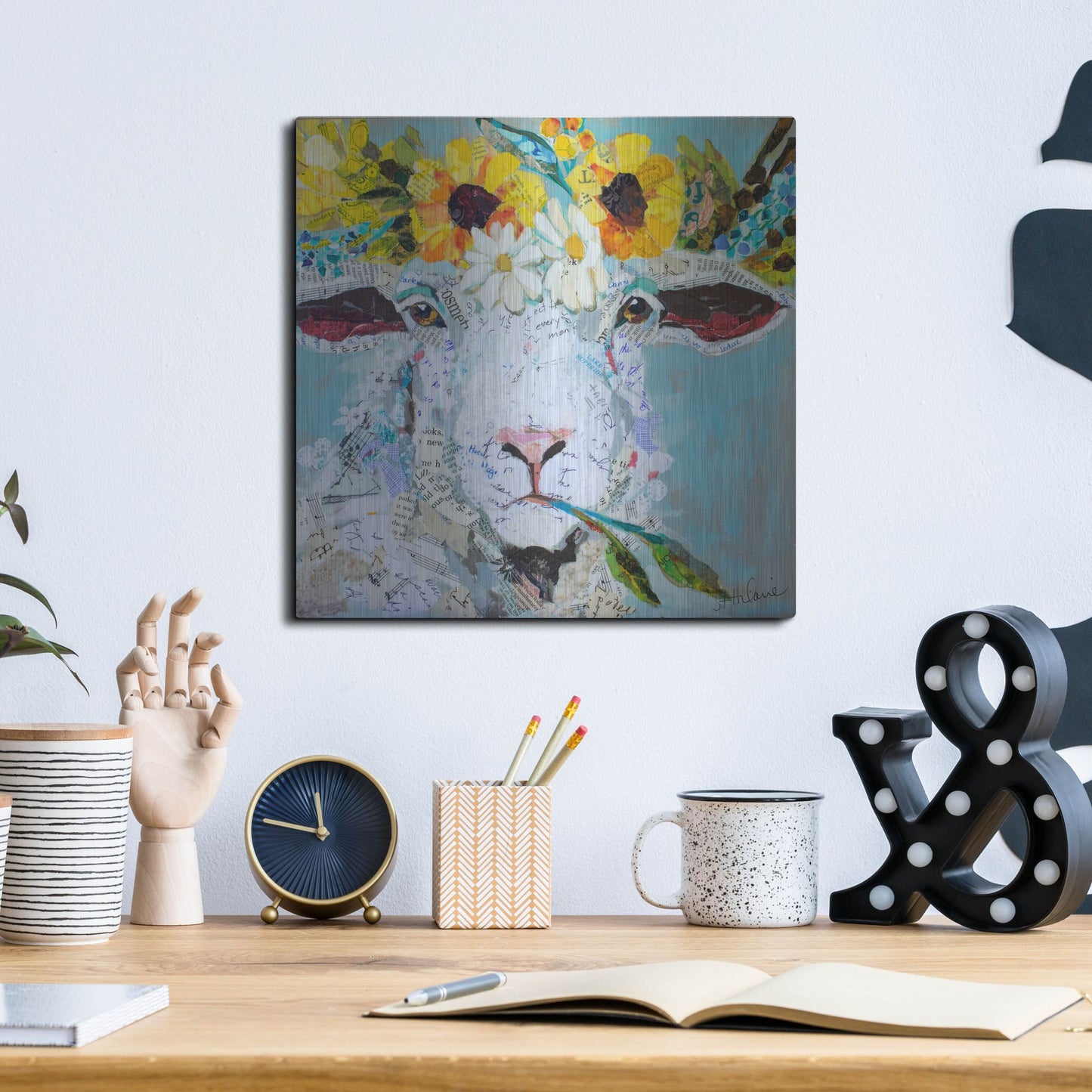 Luxe Metal Art 'Floral Sheep2' by St. Hilaire Elizabeth, Metal Wall Art,12x12